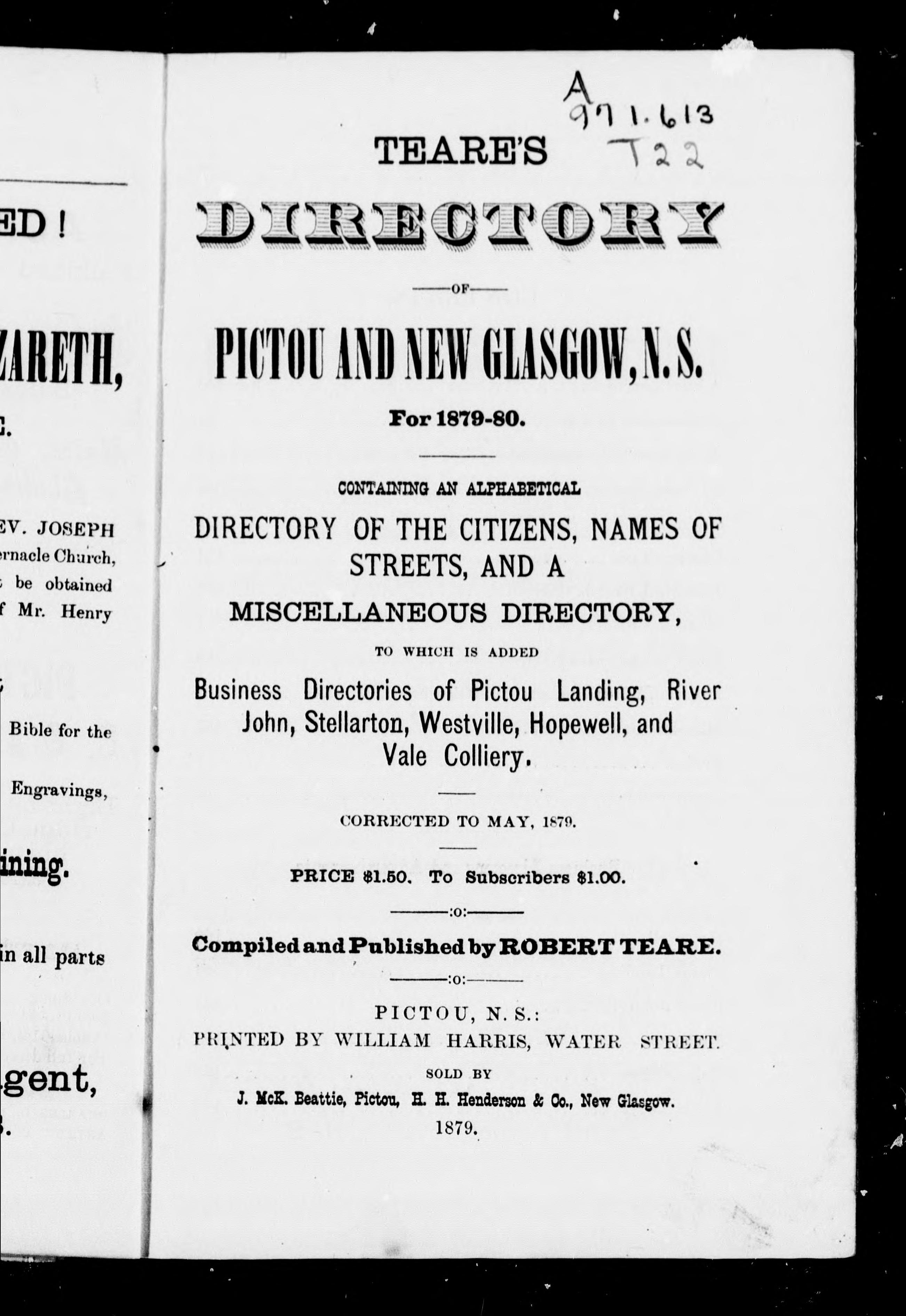 Teare'S Directory Of Pictou And New Glasgow, N.S. For 1879-80