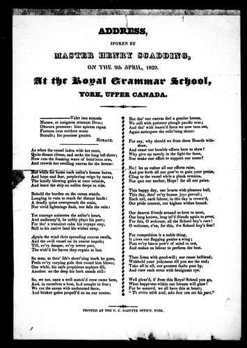 Address Spoken by Master Henry Scadding on the 9th April, 1829