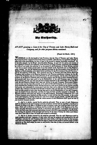 An Act Granting a Loan to the City of Toronto and Lake Huron Rail-Road Company, and for Other Purposes Therein Mentioned