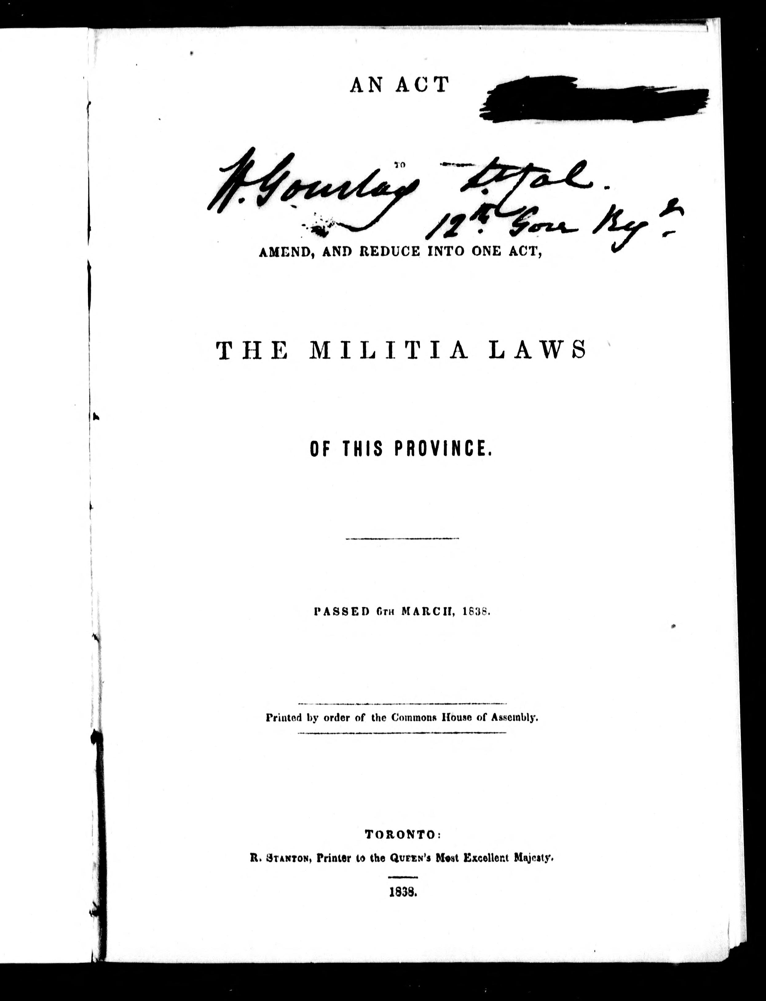An Act to Amend, and Reduce into One Act, the Militia Laws of This Province