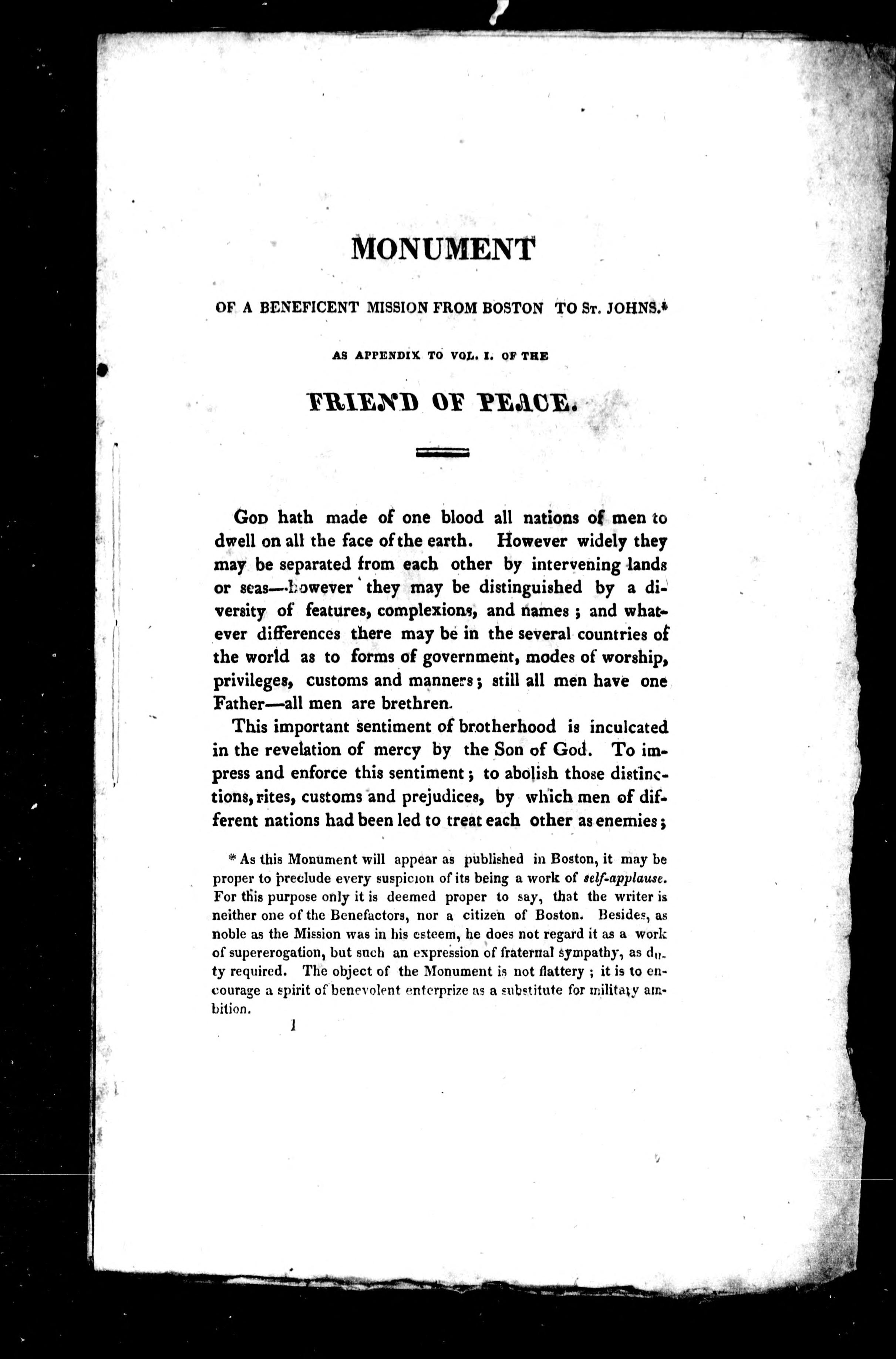 Monument of a Beneficient Mission from Boston to St. John's as an Appendix to Volume I of the Friend of Peace