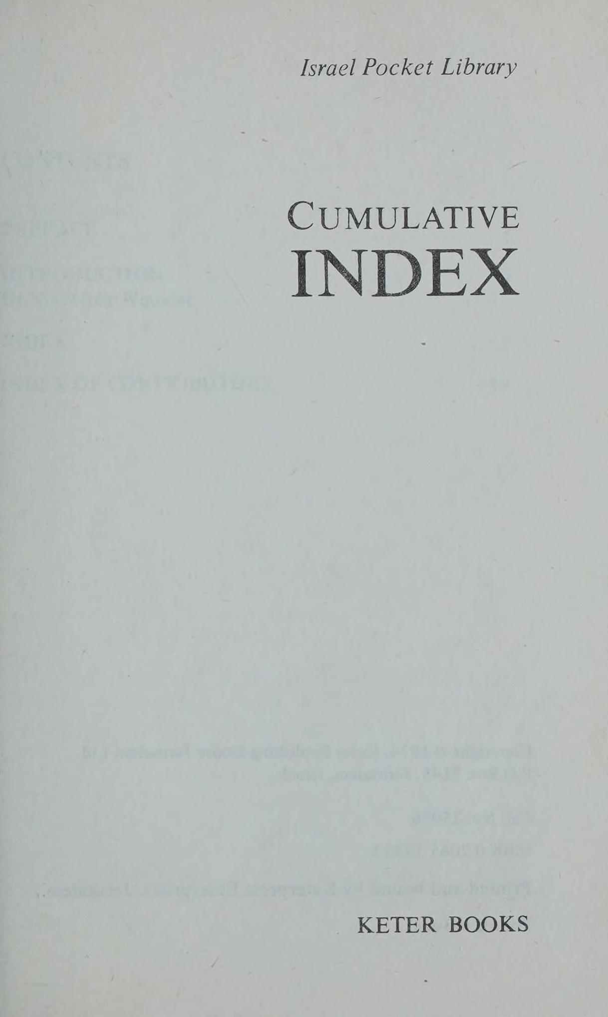 Israel Pocket Library Cumulative Index