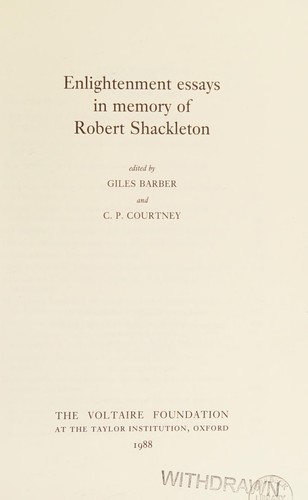 Enlightenment Essays in Memory of Robert Shackleton