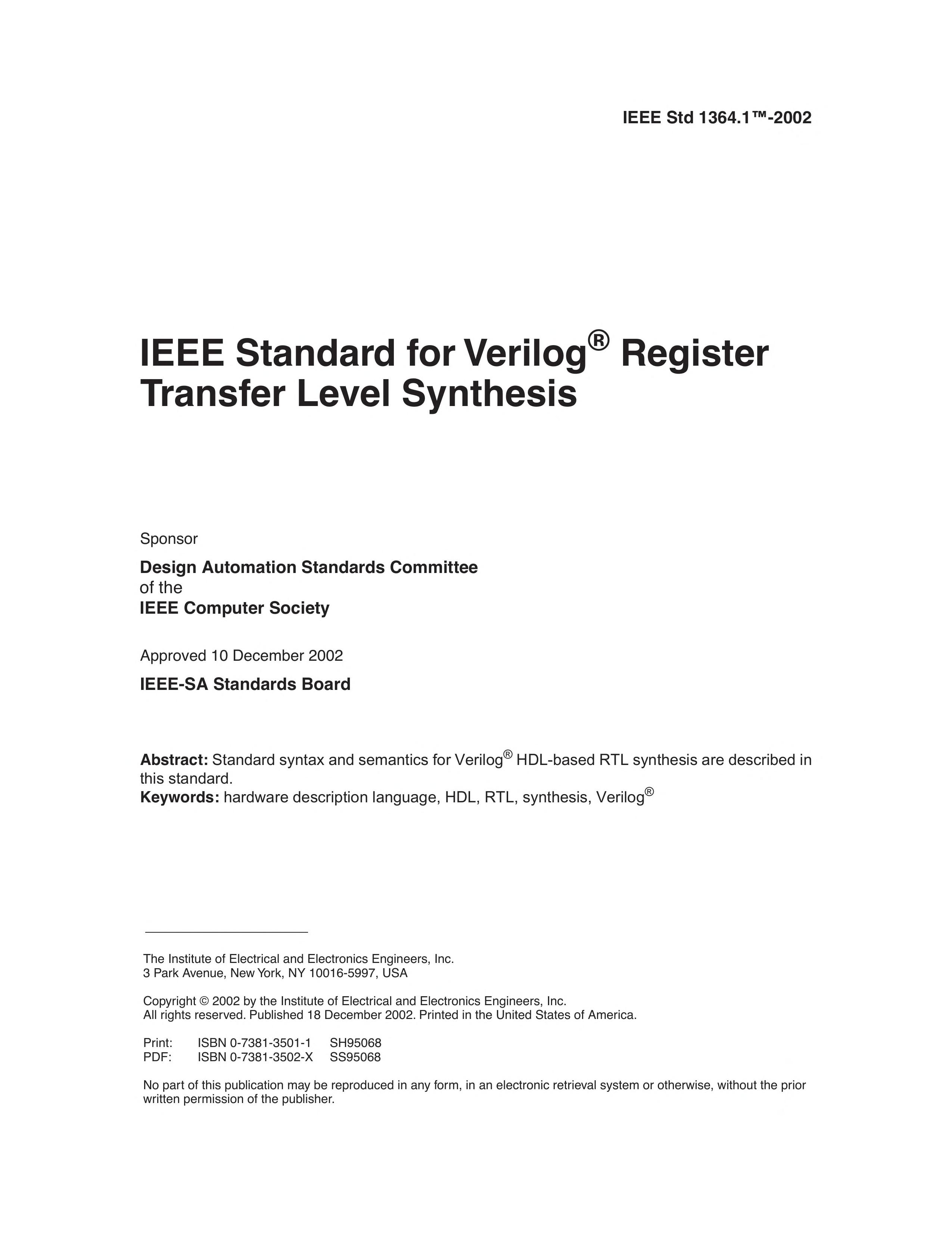 Ieee Standard for Verilog Register Transfer Level Synthesis