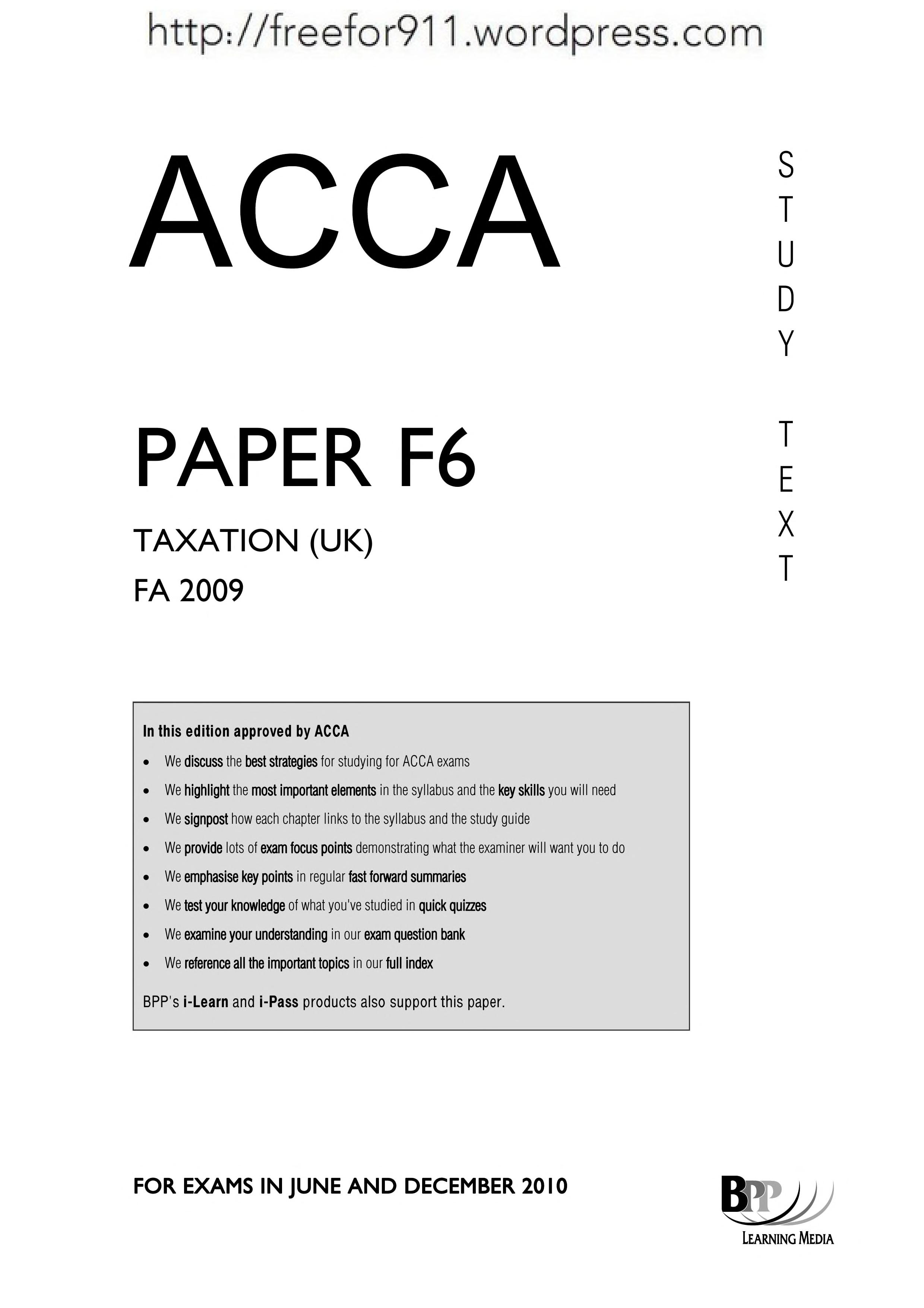 Acca - F6 Taxation (Fa2009): Paper F6: Passcards