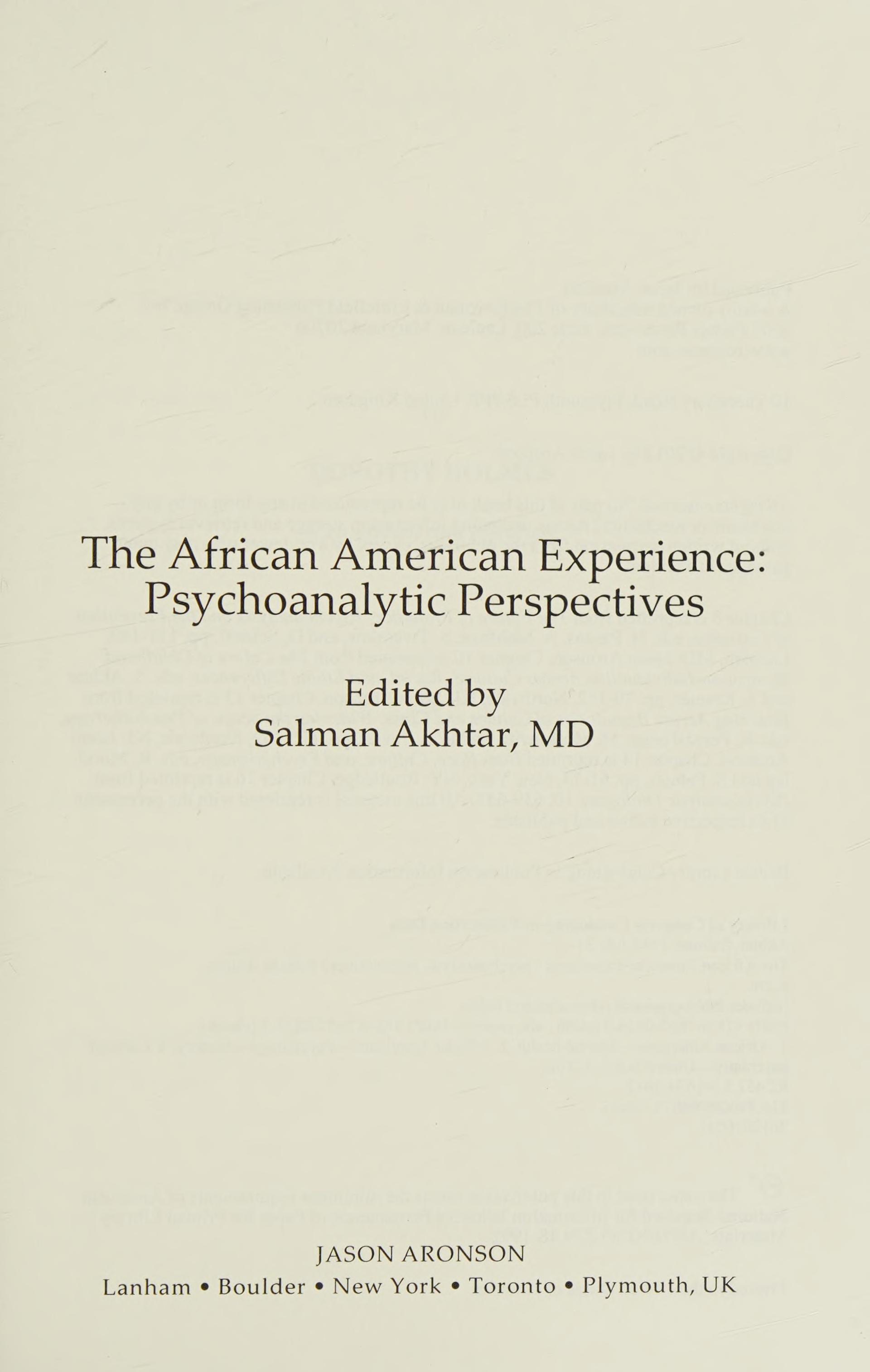 The African American Experience: Psychoanalytic Perspectives