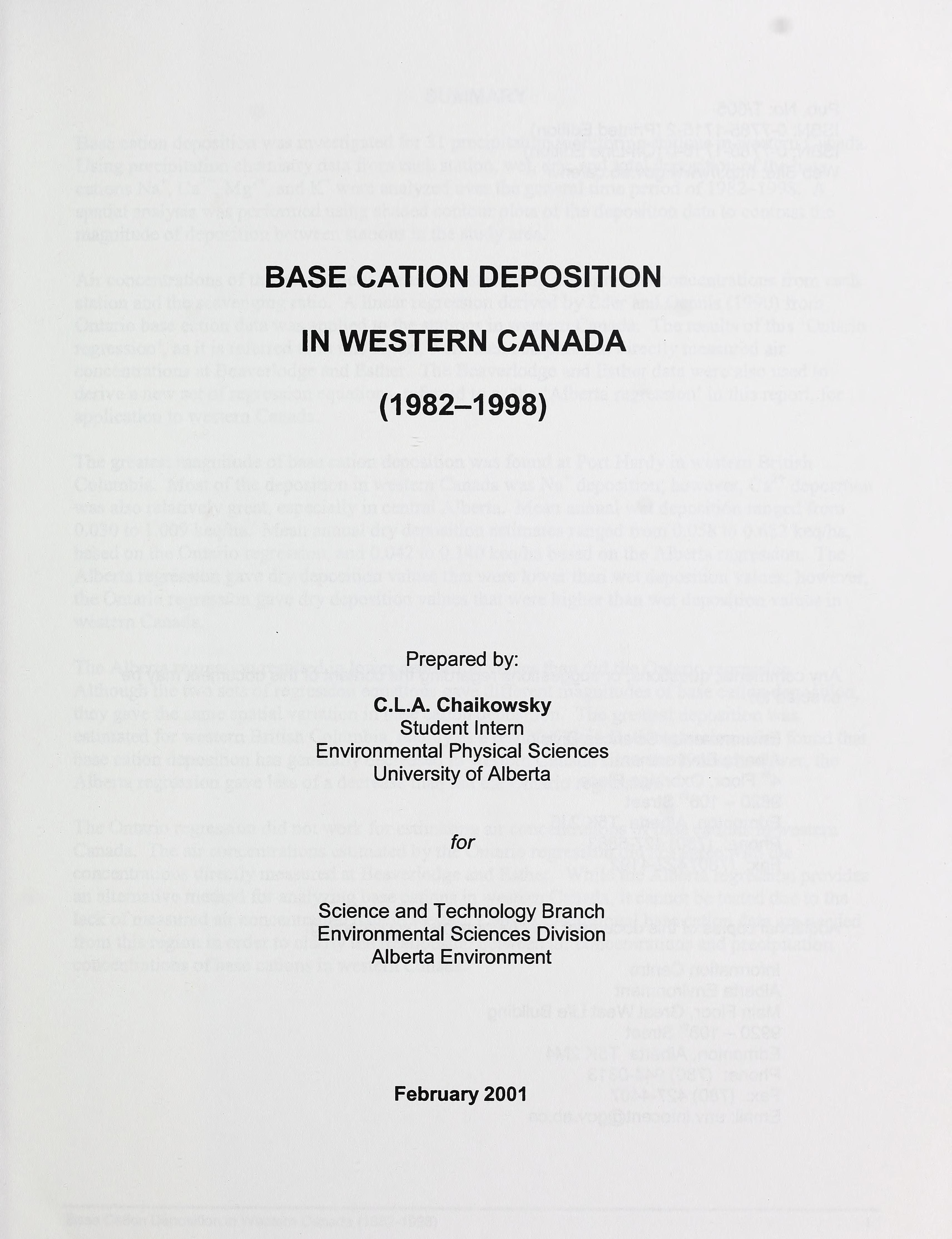 Base Cation Deposition in Western Canada