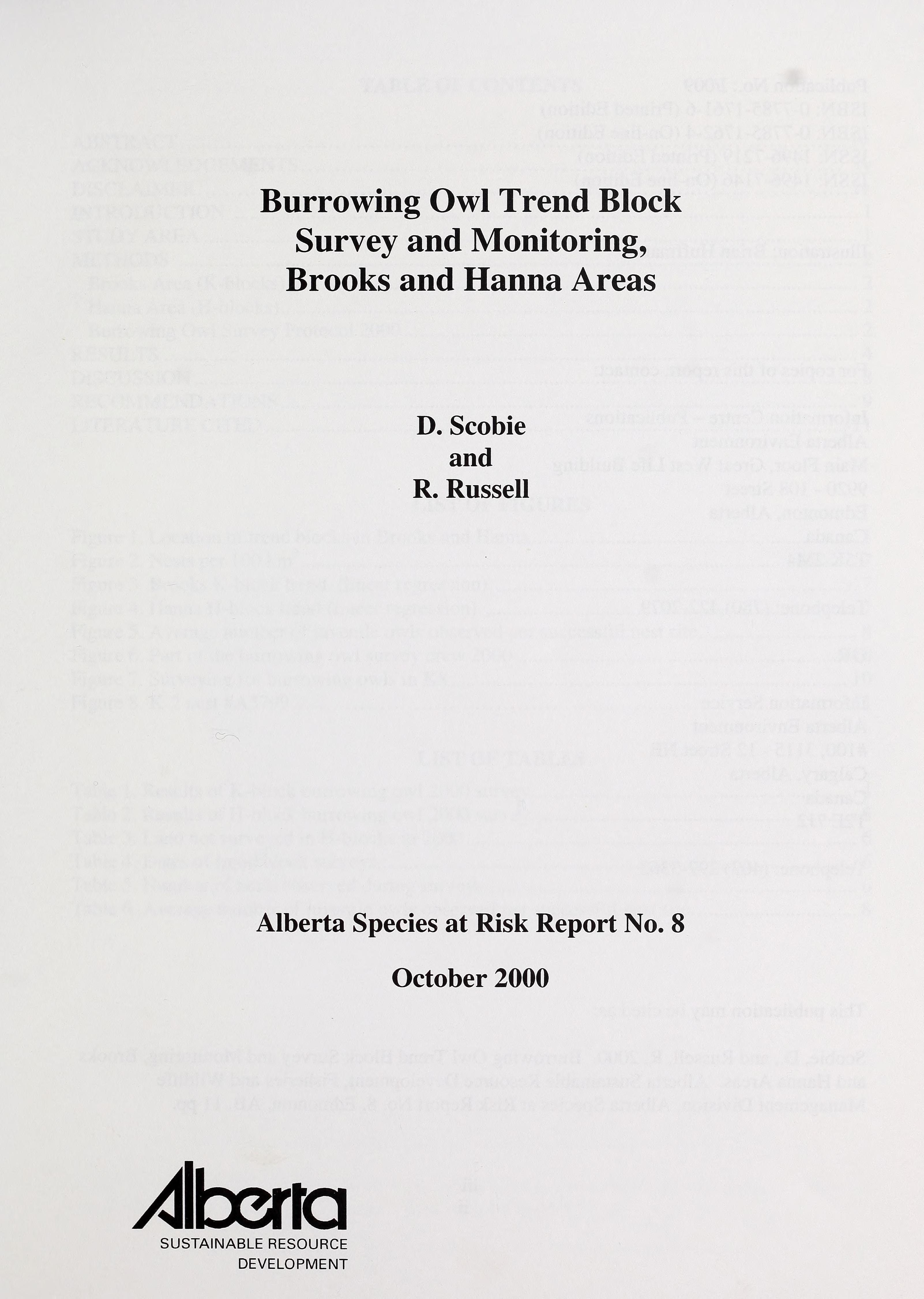 Burrowing Owl Trend Block Survey and Monitoring, Brooks and Hanna Areas