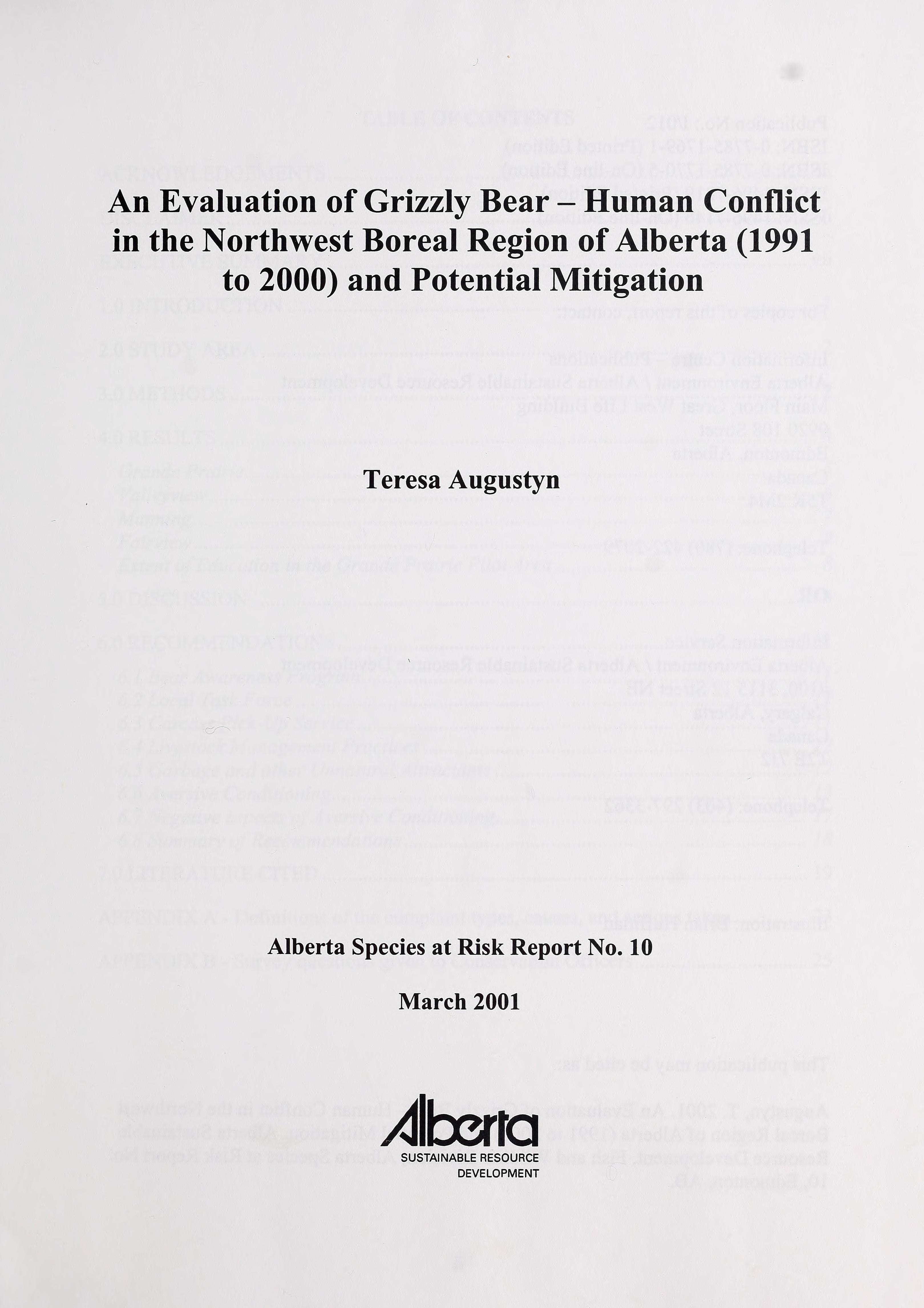 Evaluation of Grizzly Bear - Human Conflict in the Northwest Boreal Region of Alberta (1991 to 2000) and Potential Mitigation