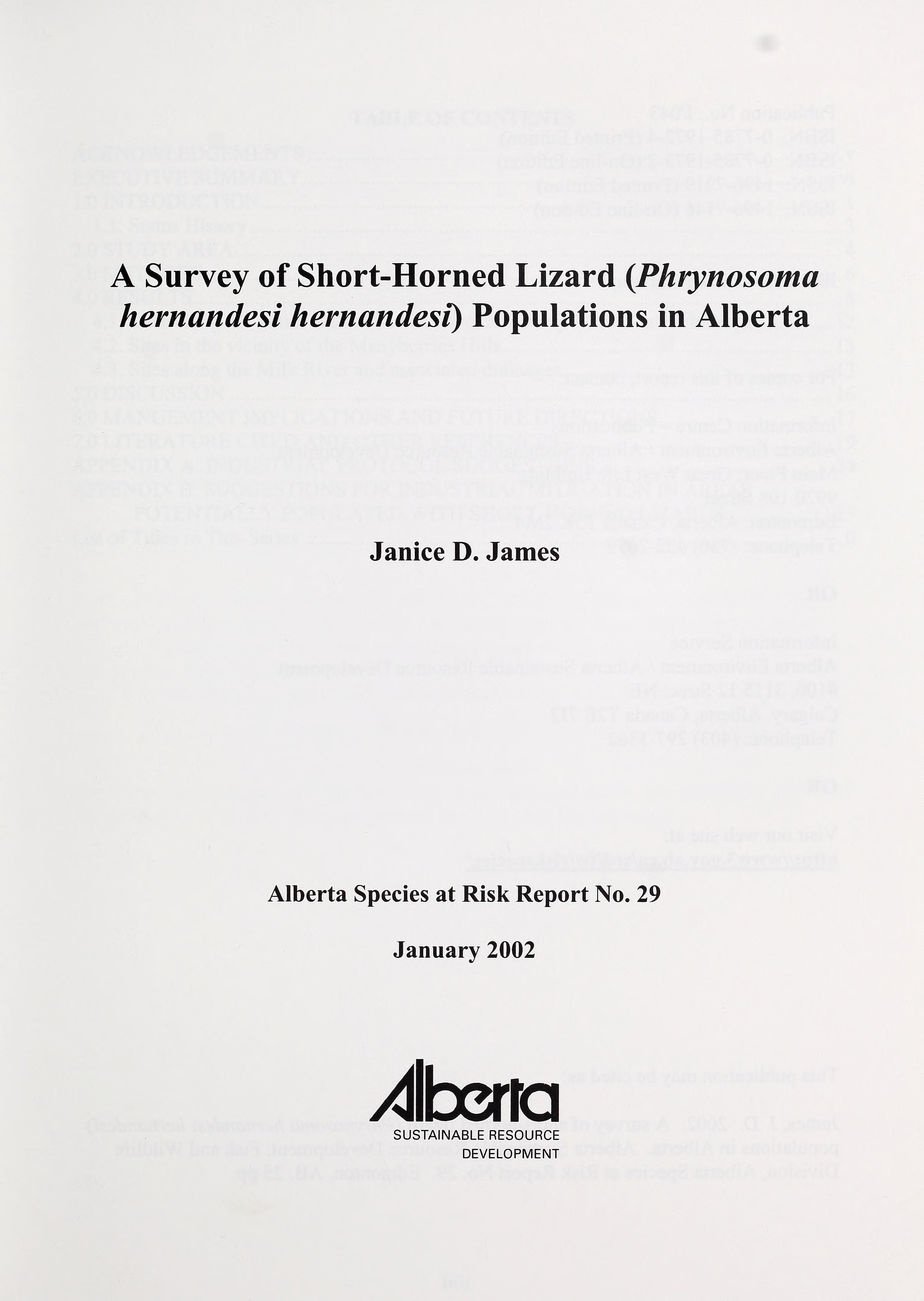 Survey of Short-Horned Lizard (Phrynosoma Hernandesi Hernandesi) Populations in Alberta