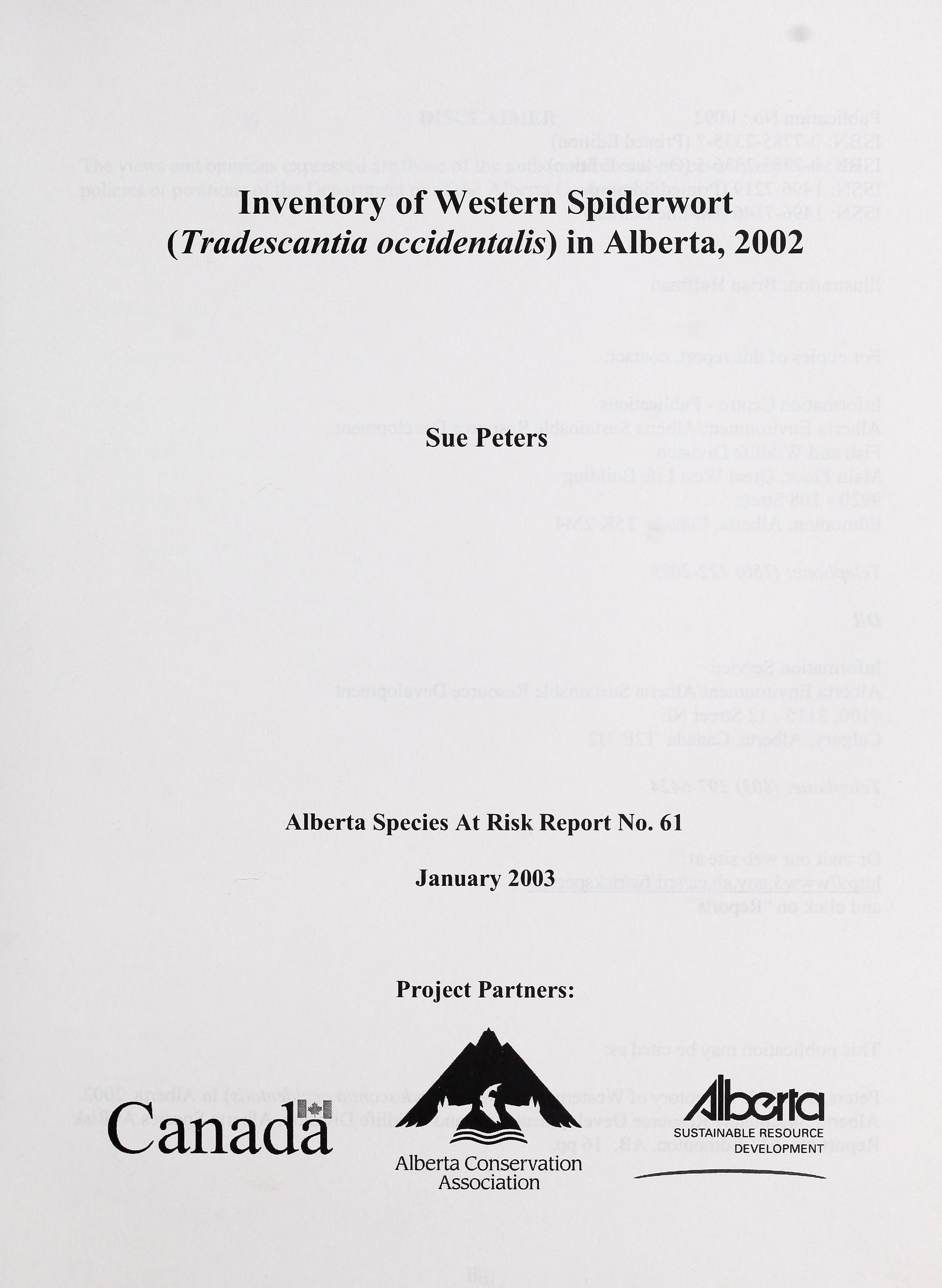 Inventory of Western Spiderwort (Tradescantia Occidentalis) in Alberta, 2002
