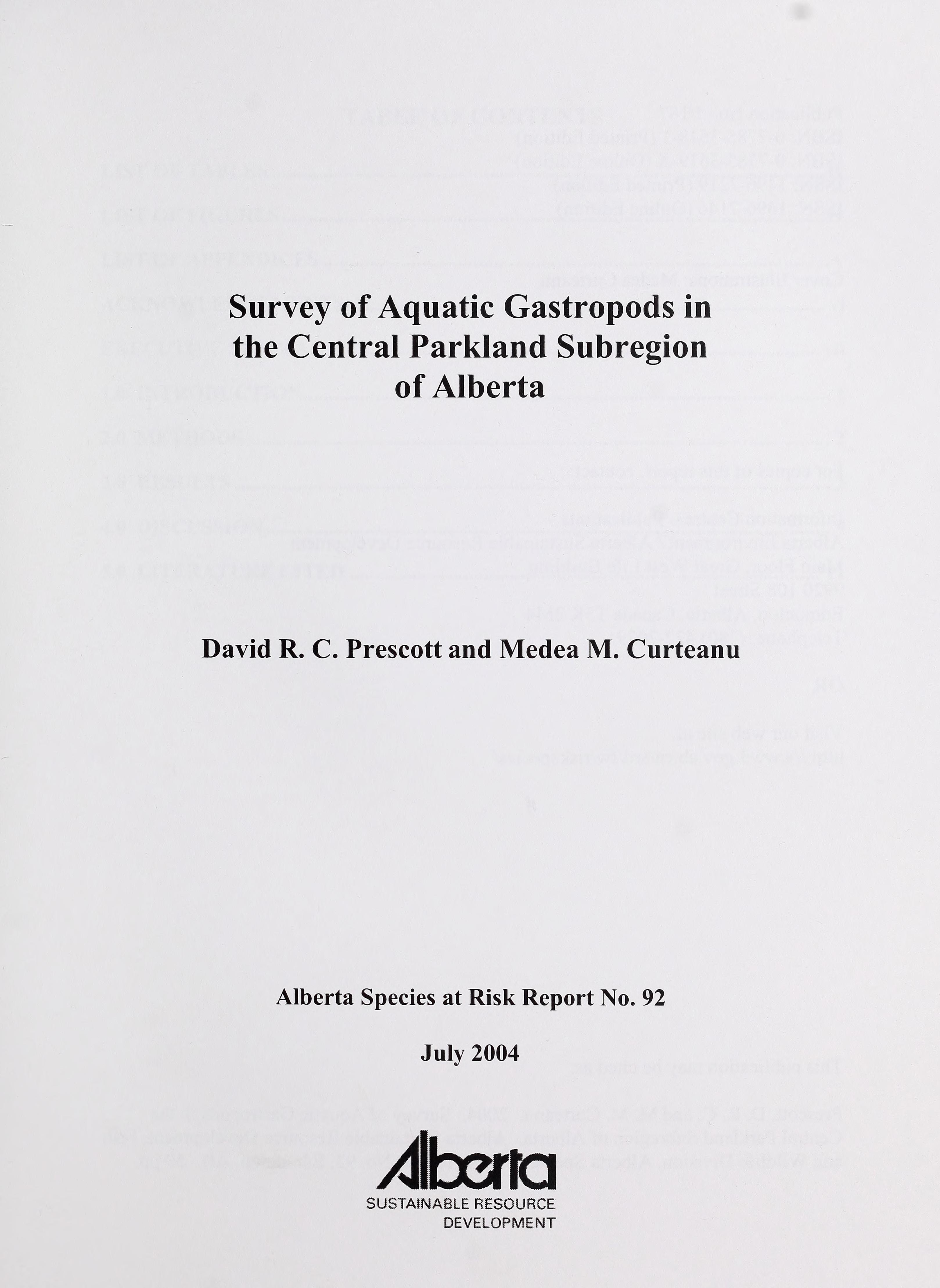 Survey of Aquatic Gastropods in the Central Parkland Subregion of Alberta