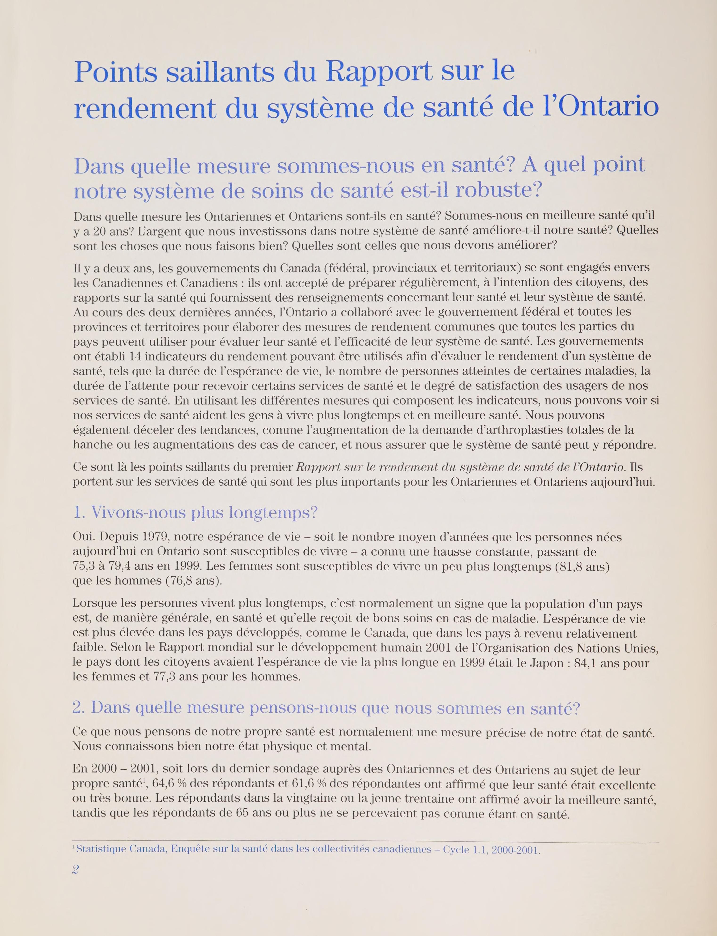 Points Saillants du Rapport Sur le Rendement du Système de Santé de L'Ontario.