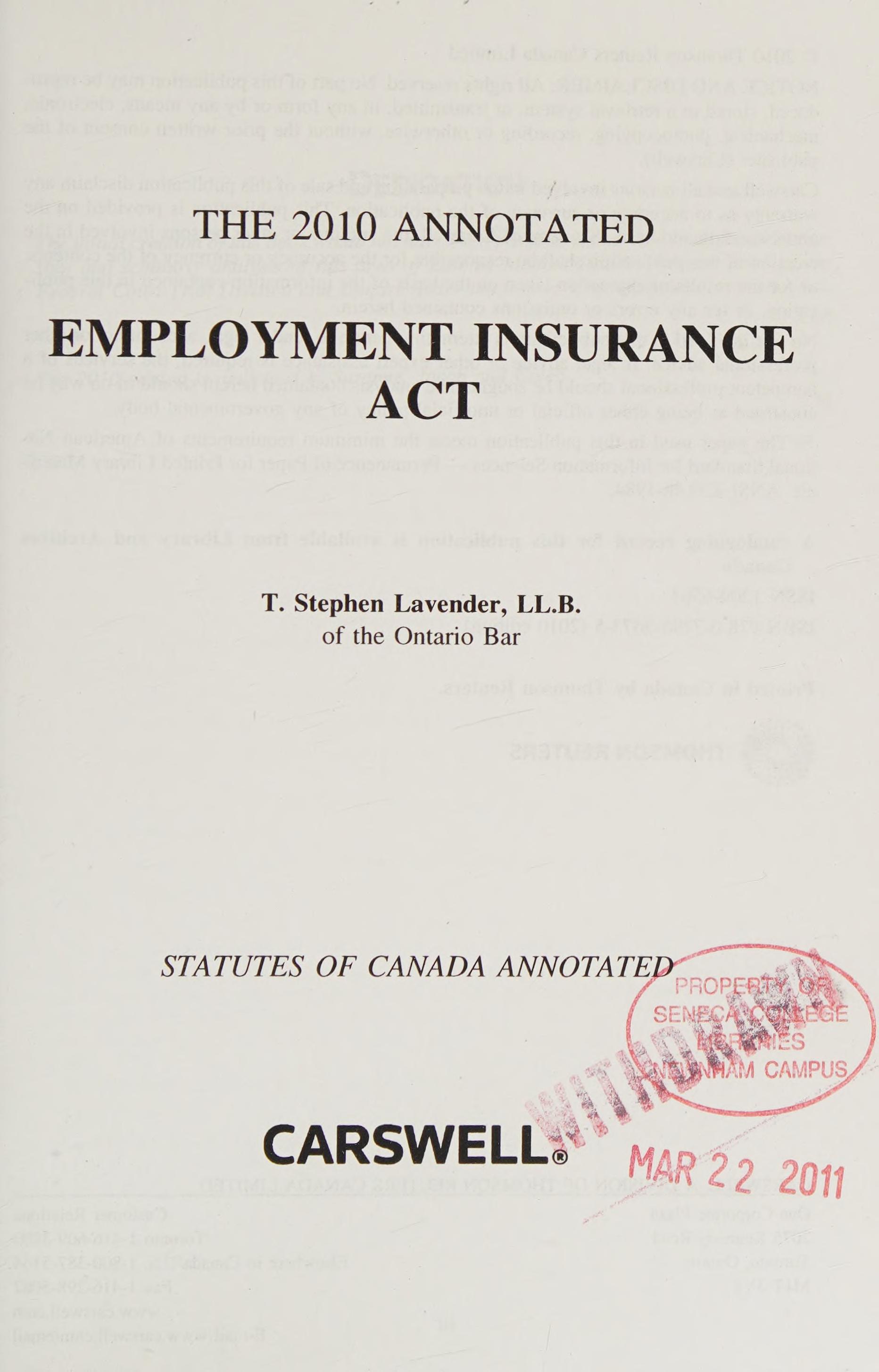 The 2010 Annotated Employment Insurance Act
