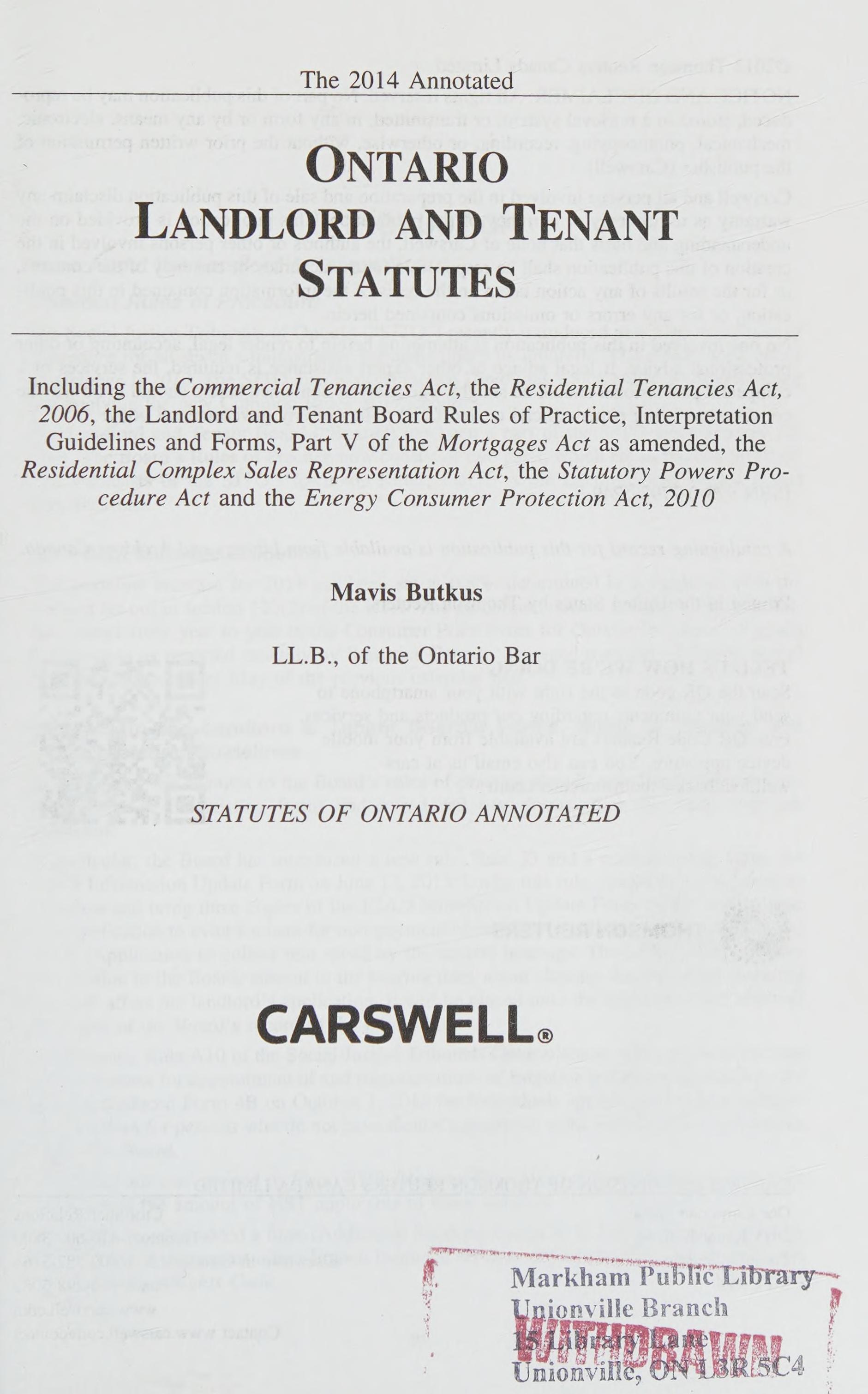The 2014 Annotated Ontario Landlord and Tenant Statutes