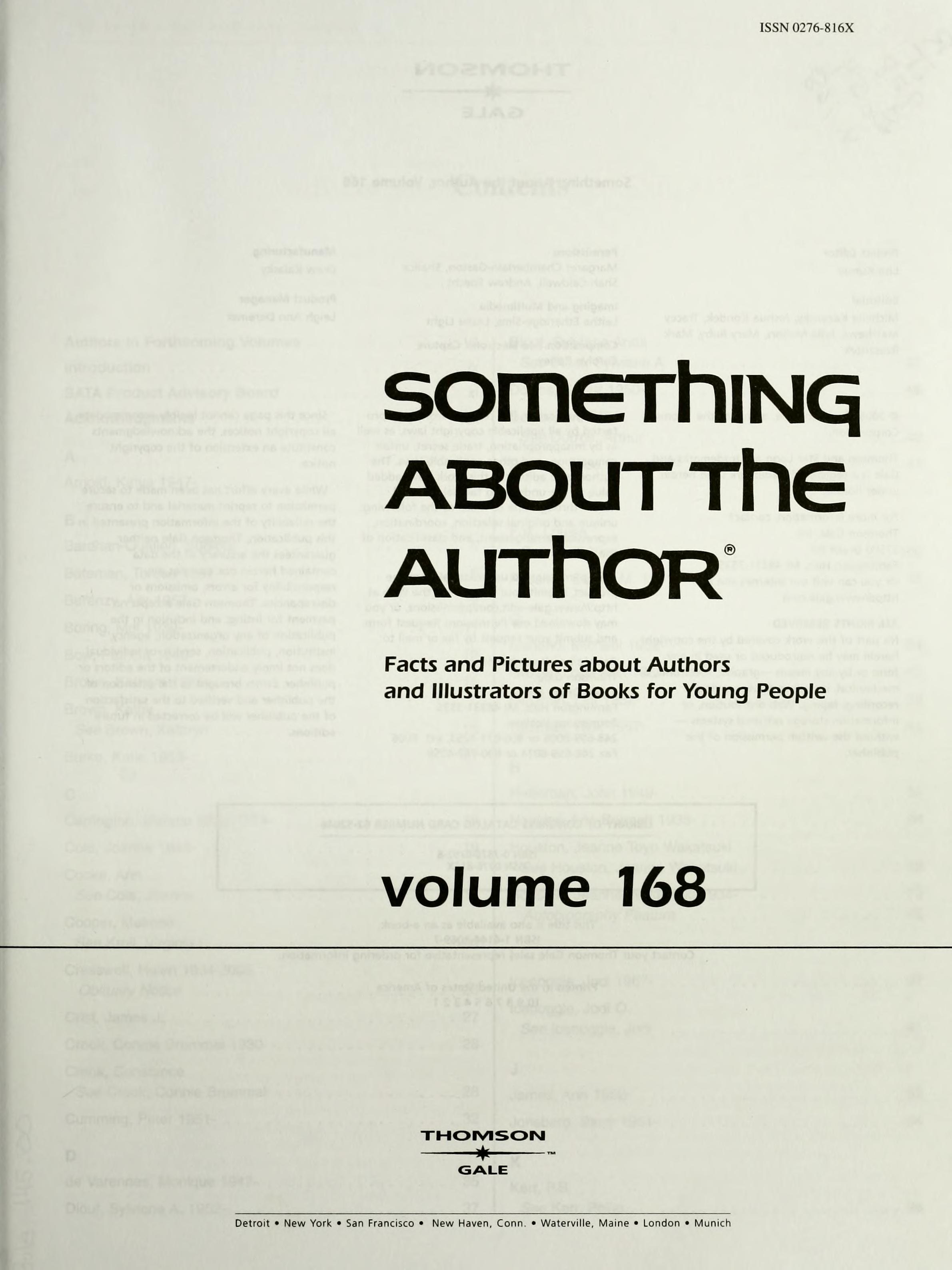 Something About the Author Volume 168