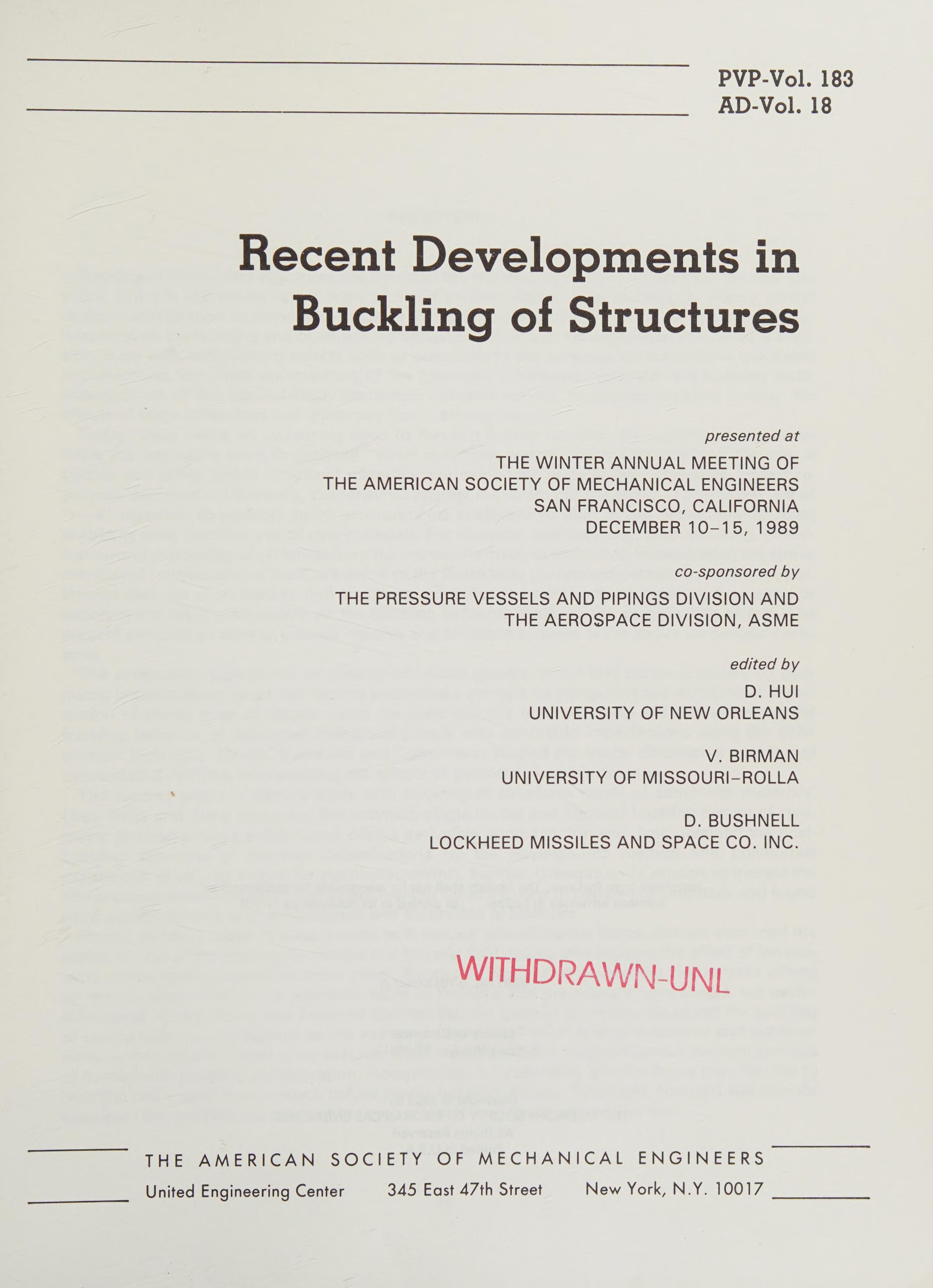 Recent Developments in Buckling of Structures 1989 Pvp Vol. 183 Ad Vol. 18 H00575