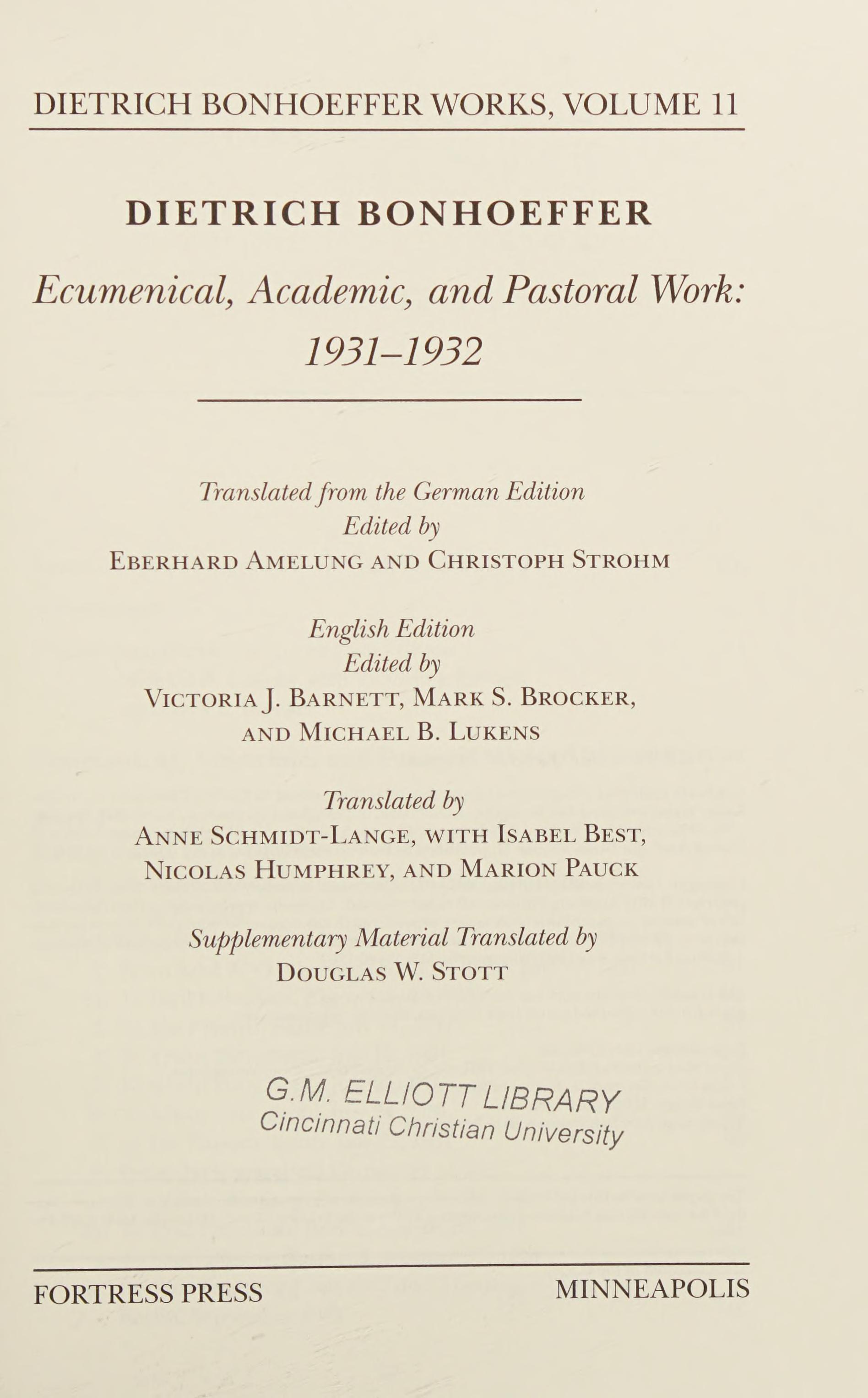 Ecumenical, Academic, and Pastoral Work: 1931-1932