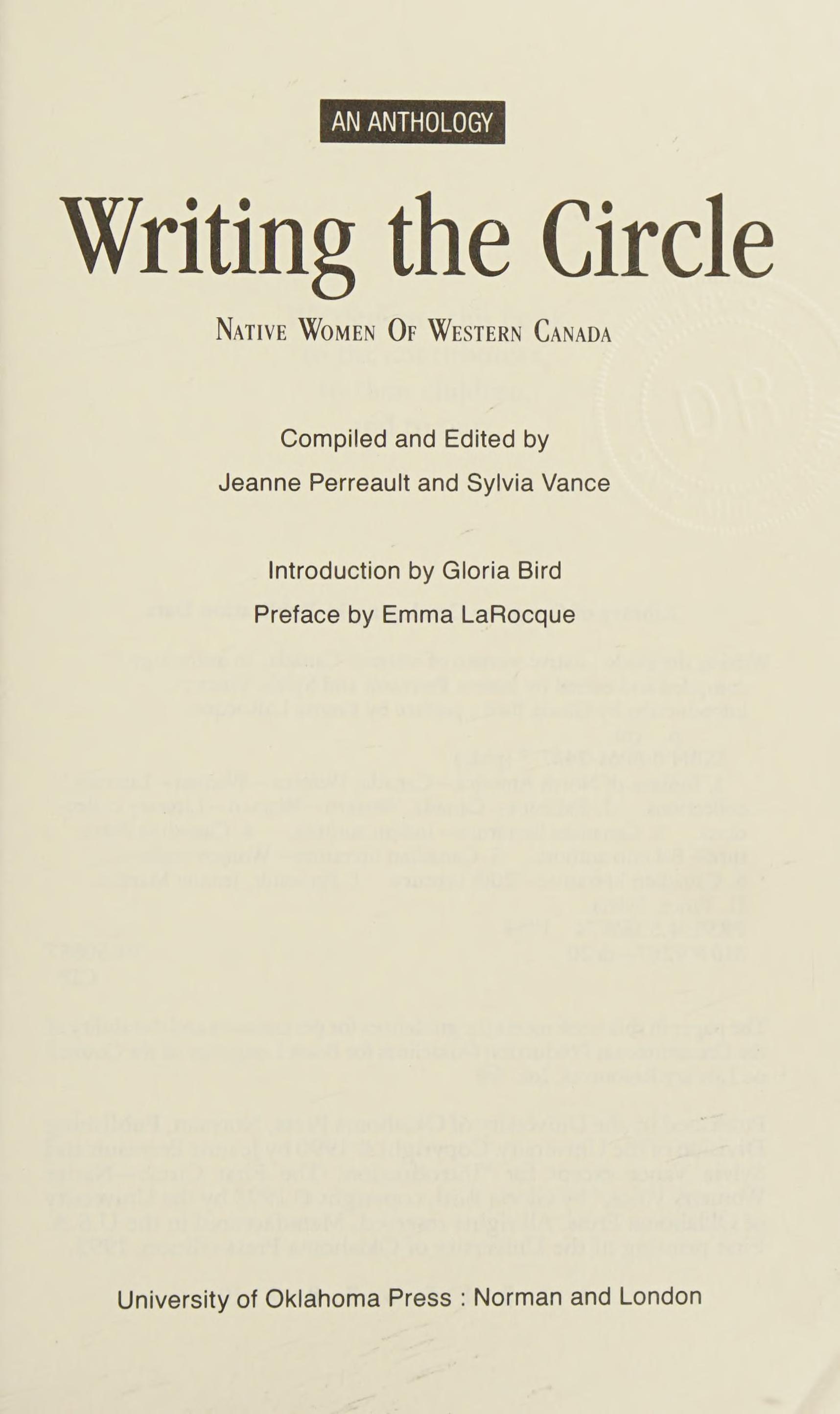 Writing The Circle: Native Women Of Western Canada : An Anthology