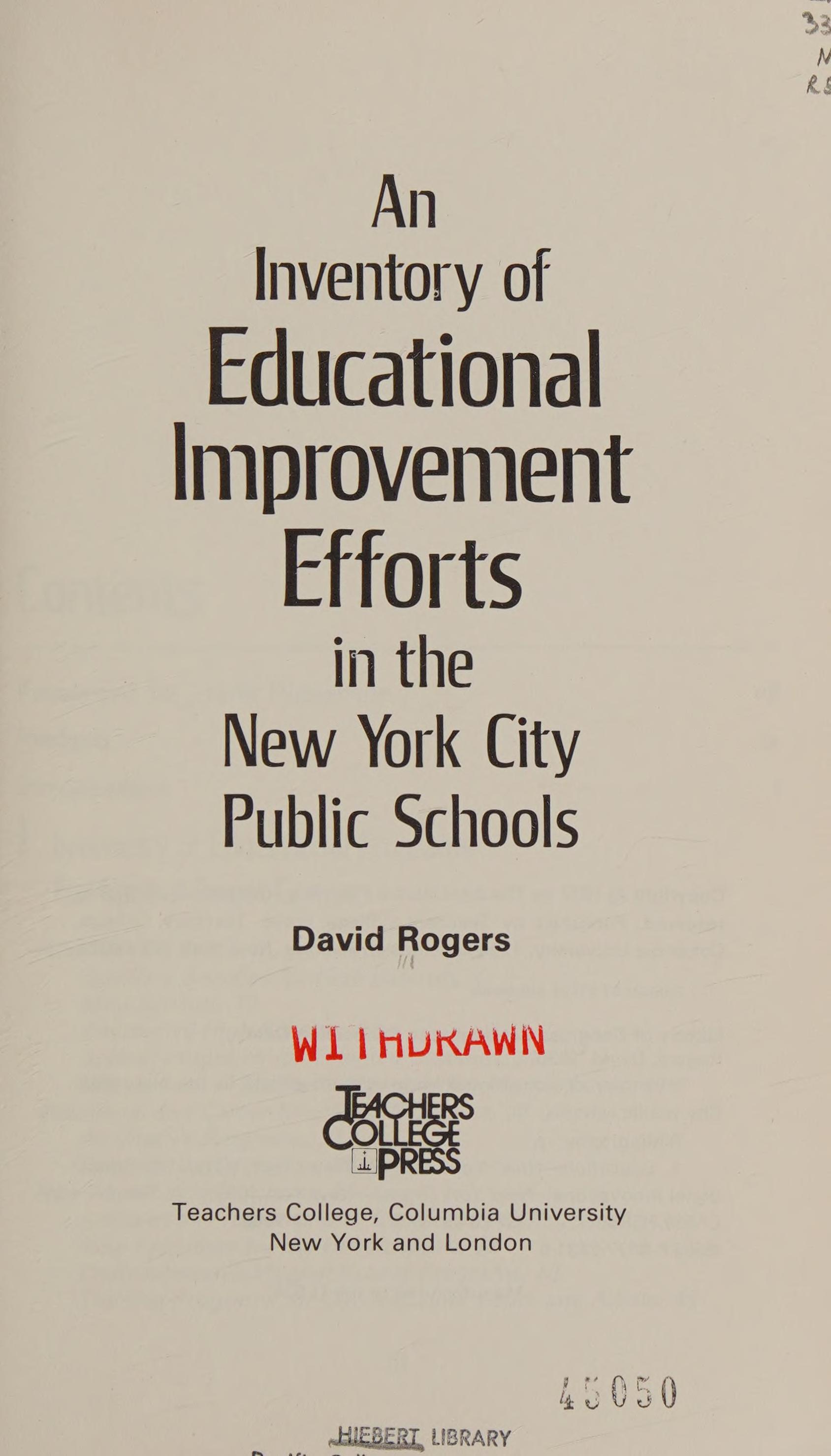 An Inventory of Educational Improvement Efforts in the New York City Public Schools