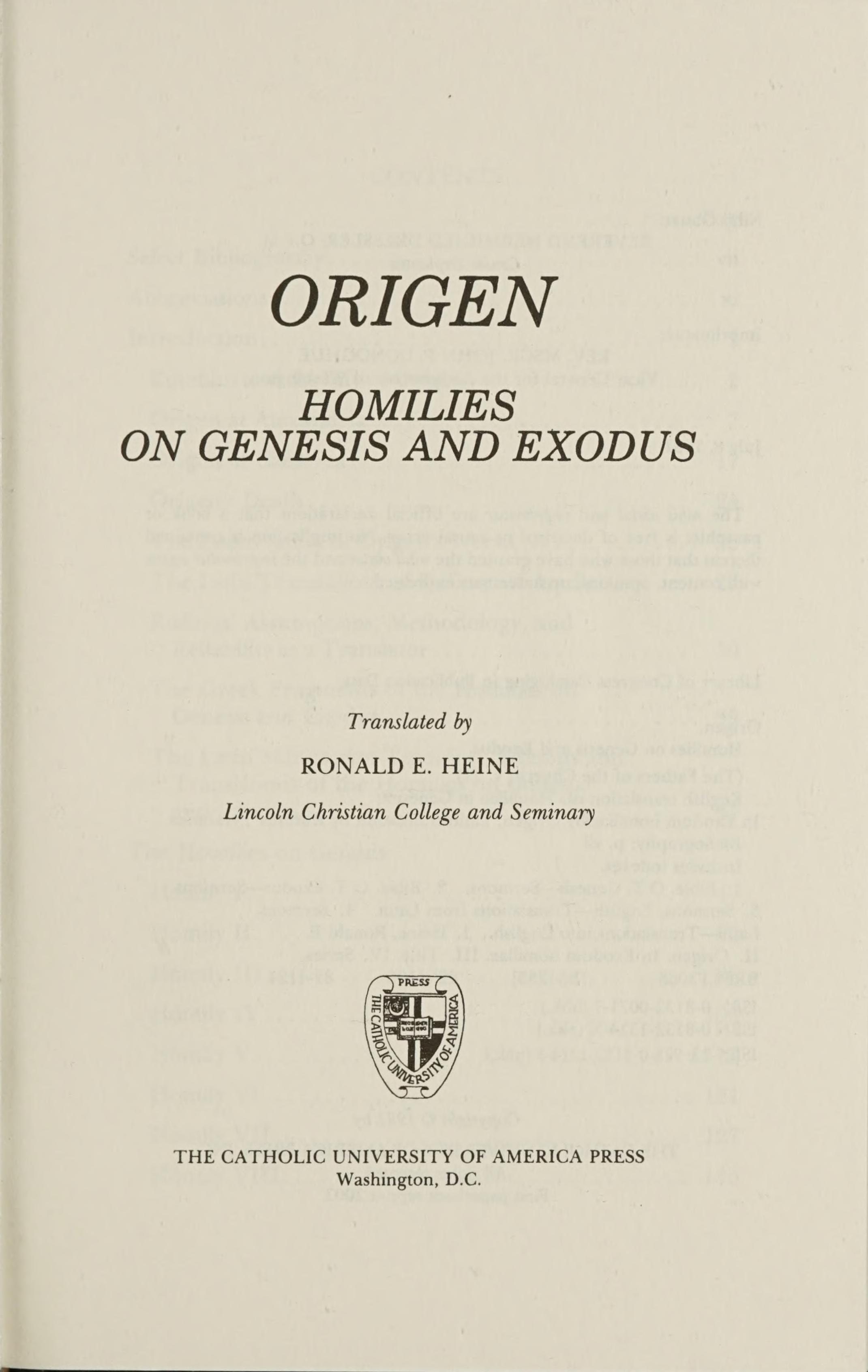 Fathers Of The Church Origen Homilies On Genesis And Exodus