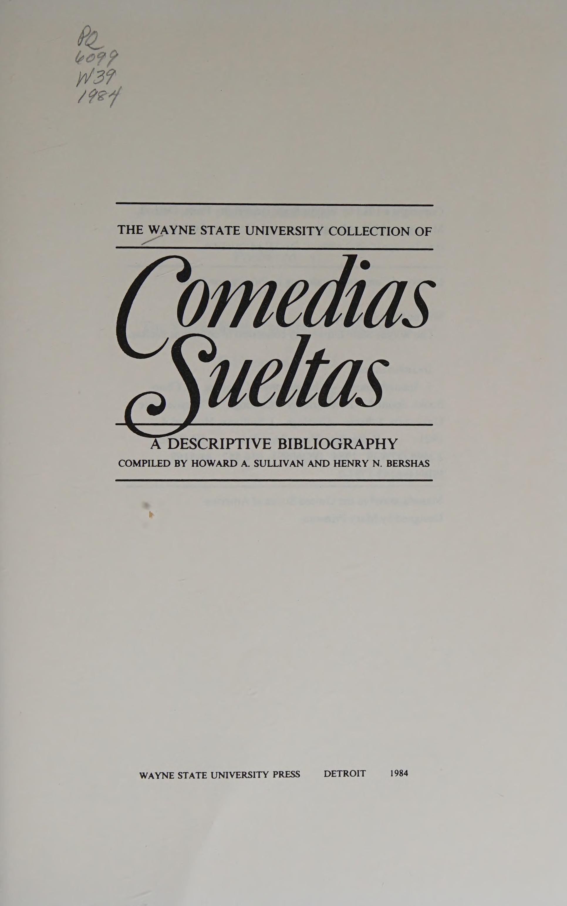 The Wayne State University Collection of Comedias Sueltas