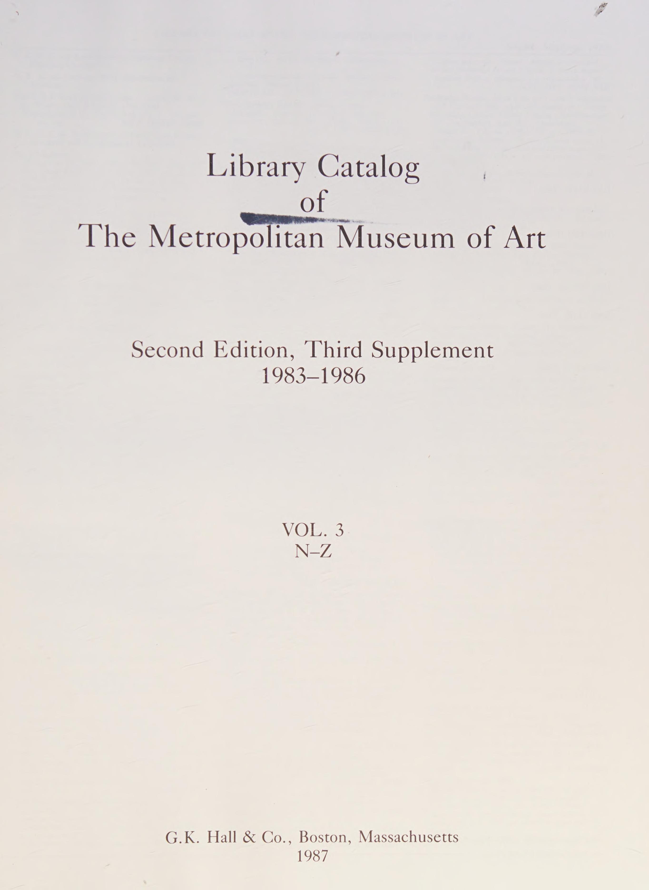 Library Catalog of the Metropolitan Museum of Art, Third Supplement 1983-1986