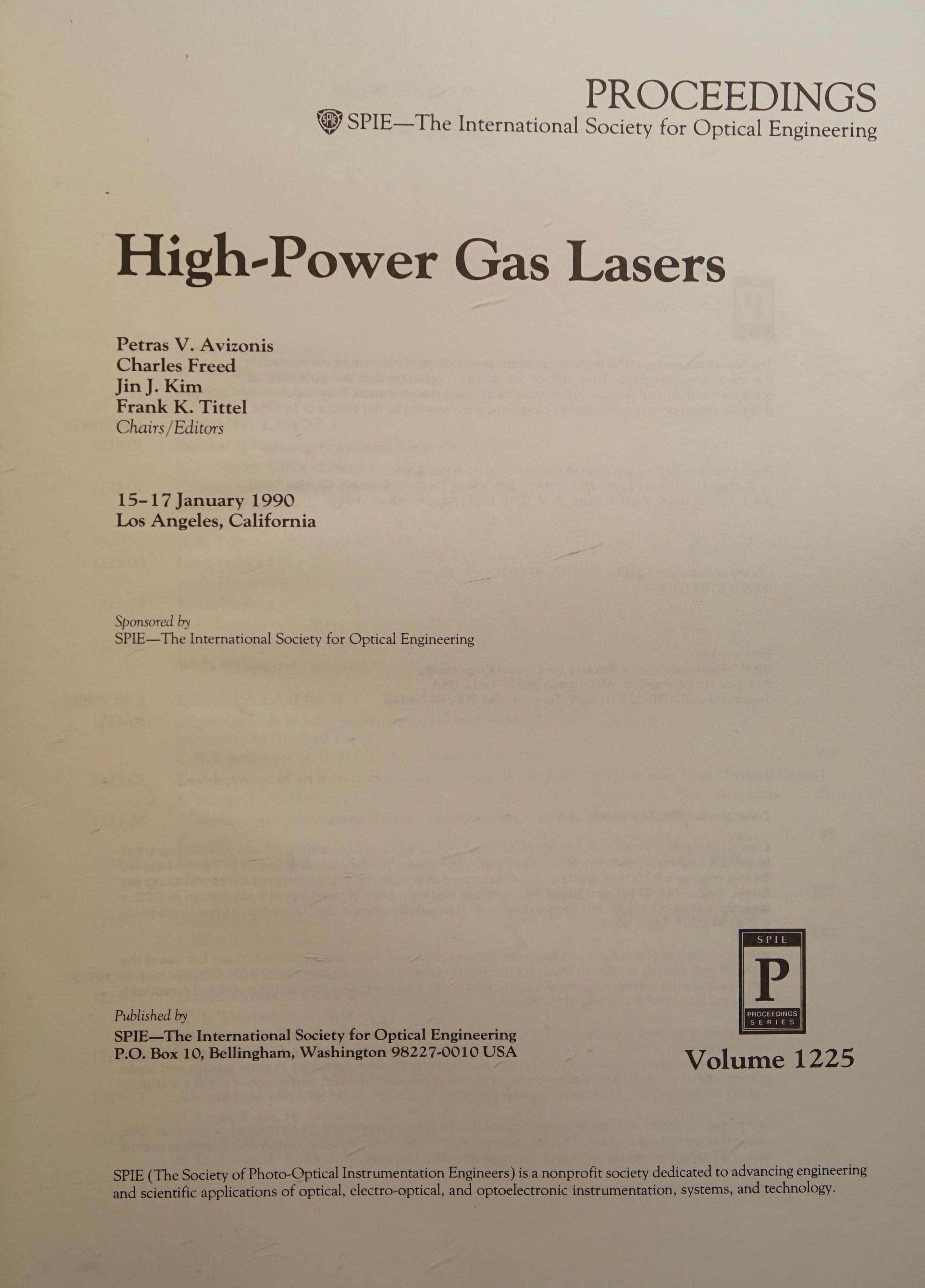 High-Power Gas Lasers: 15-17 January 1990, Los Angeles, California