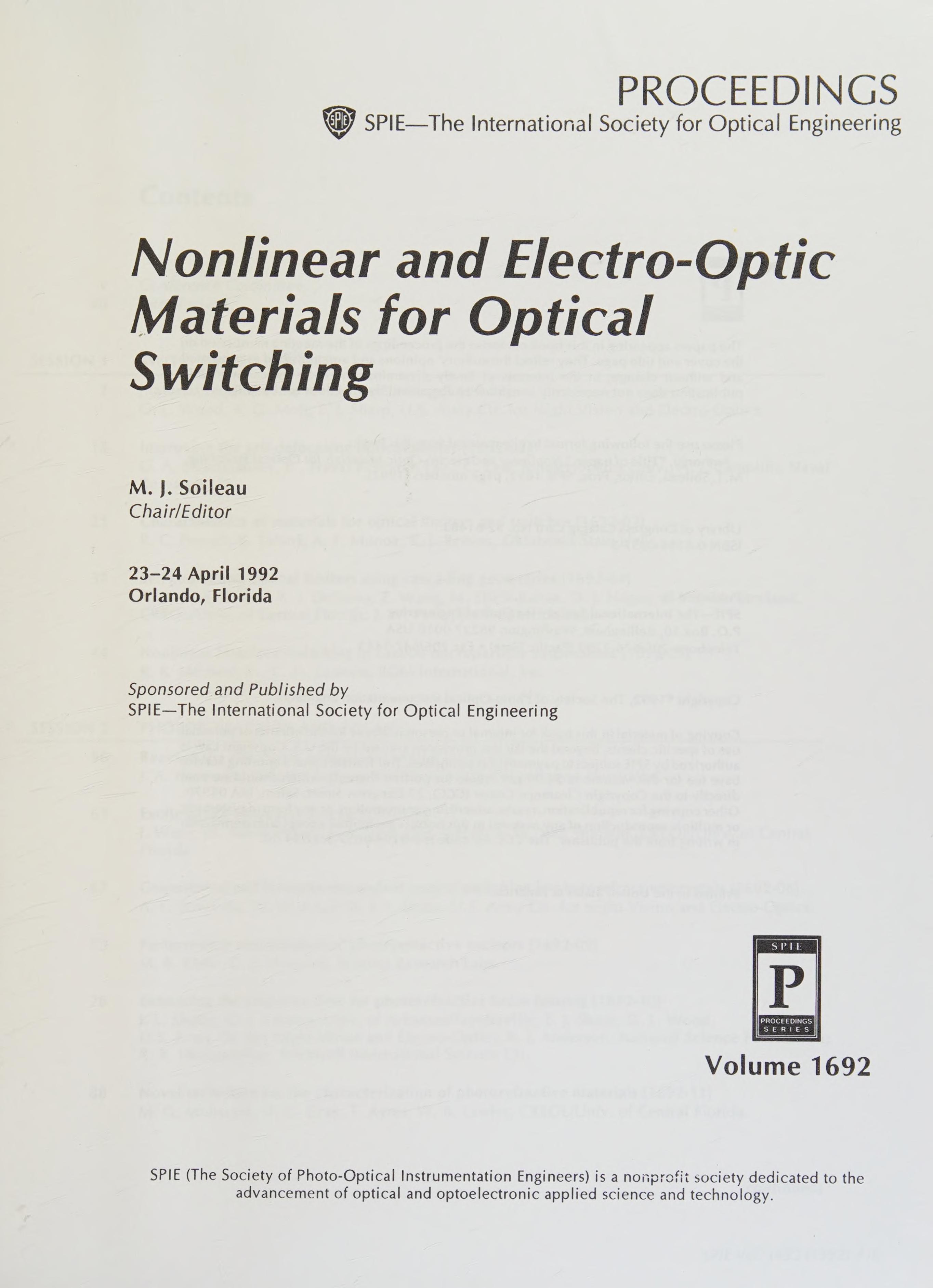 Nonlinear and Electro Optic Materials for Optical Switching. Spie. The International Society for Optical Engineering. Vol. 1692