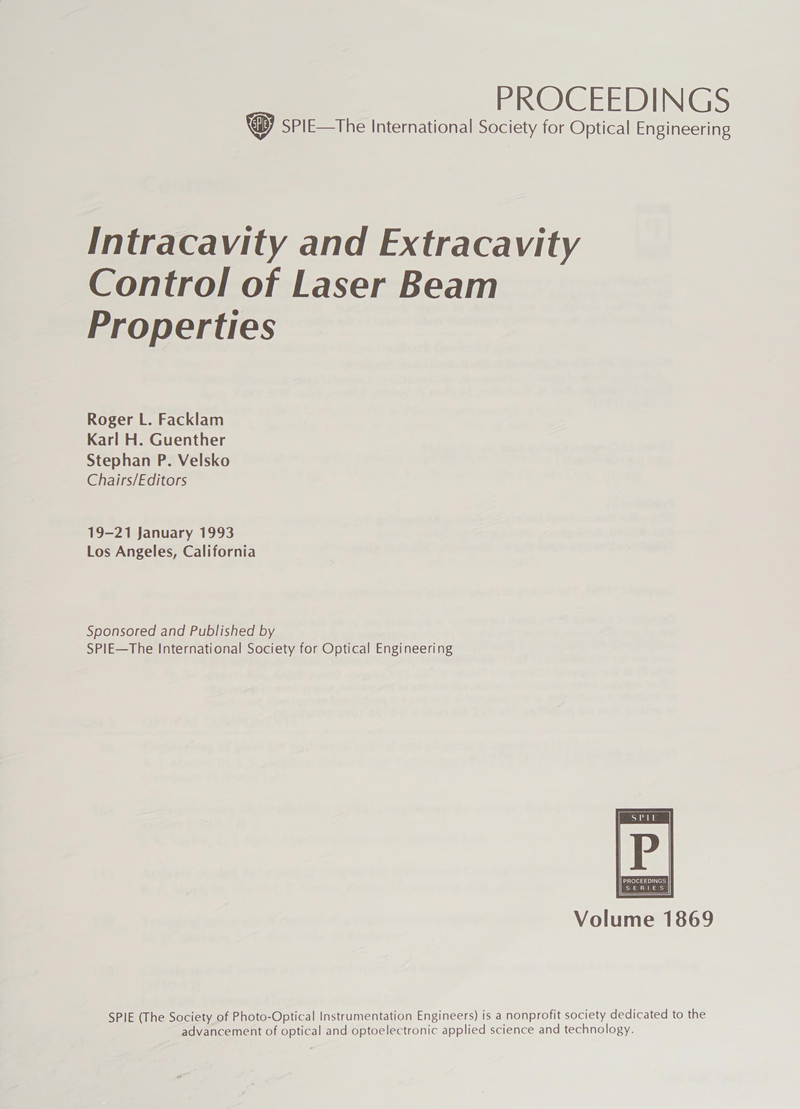 Intracavity And Extracavity Control Of Laser Beam Properties: 19-21 January 1993, Los Angeles, California