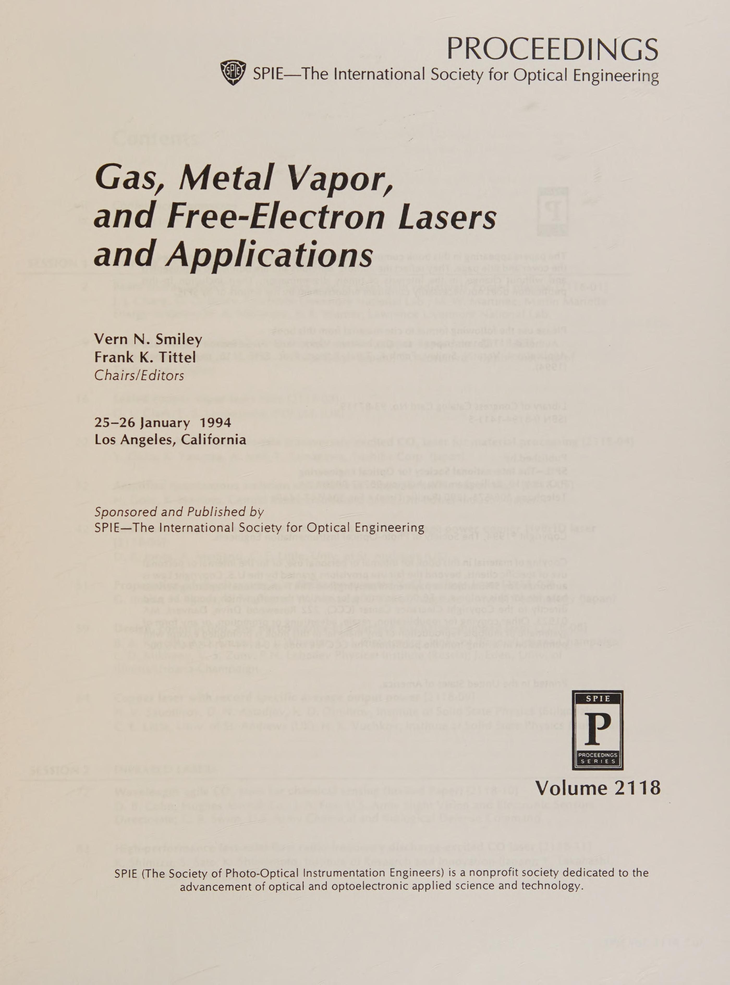 Gas, Metal Vapor, And Free-Electron Lasers And Applications: 25-26 January 1994, Los Angeles, California