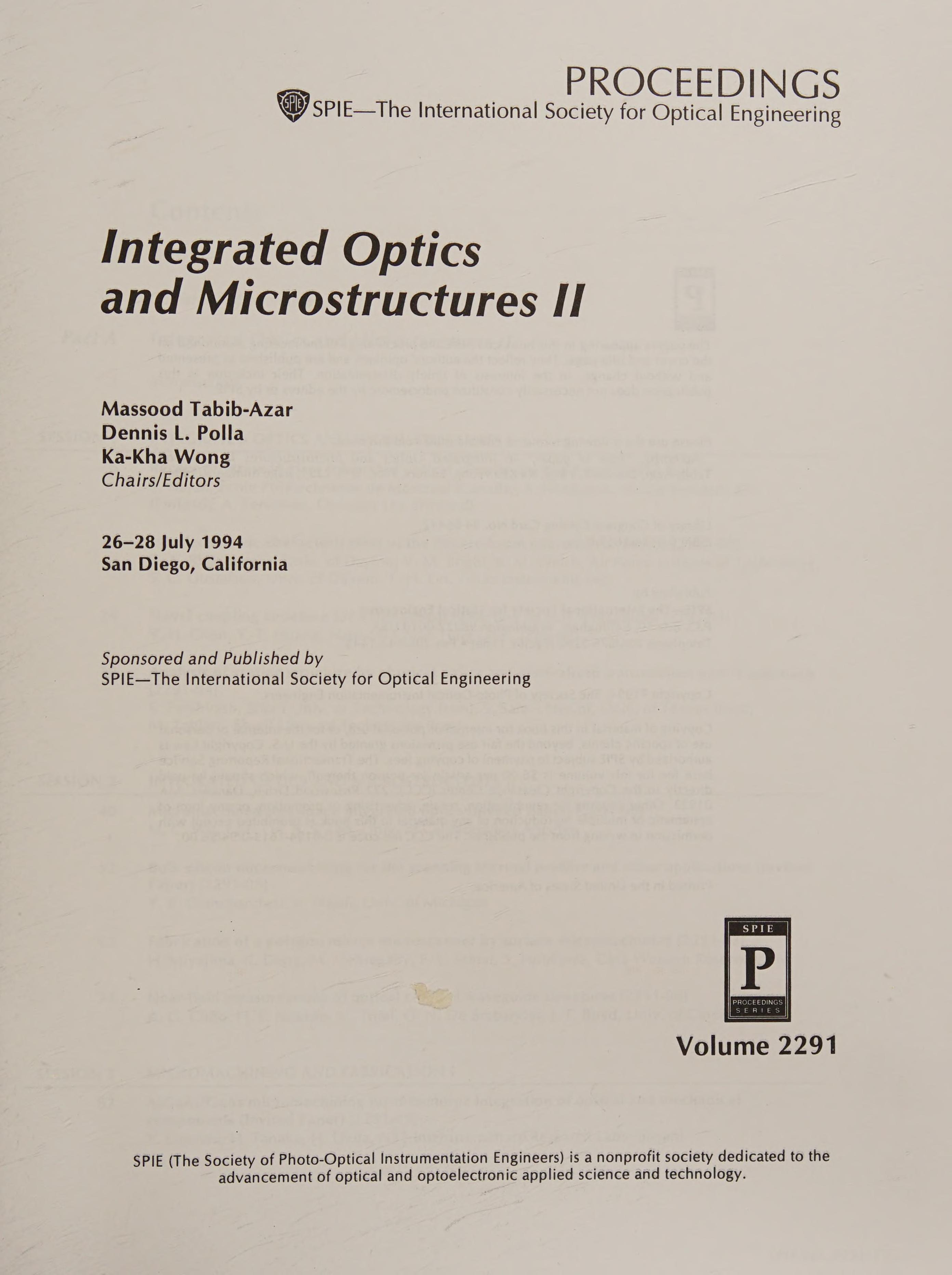 Integrated Optics And Microstructures Ii: 26-28 July 1994, San Diego, Calif