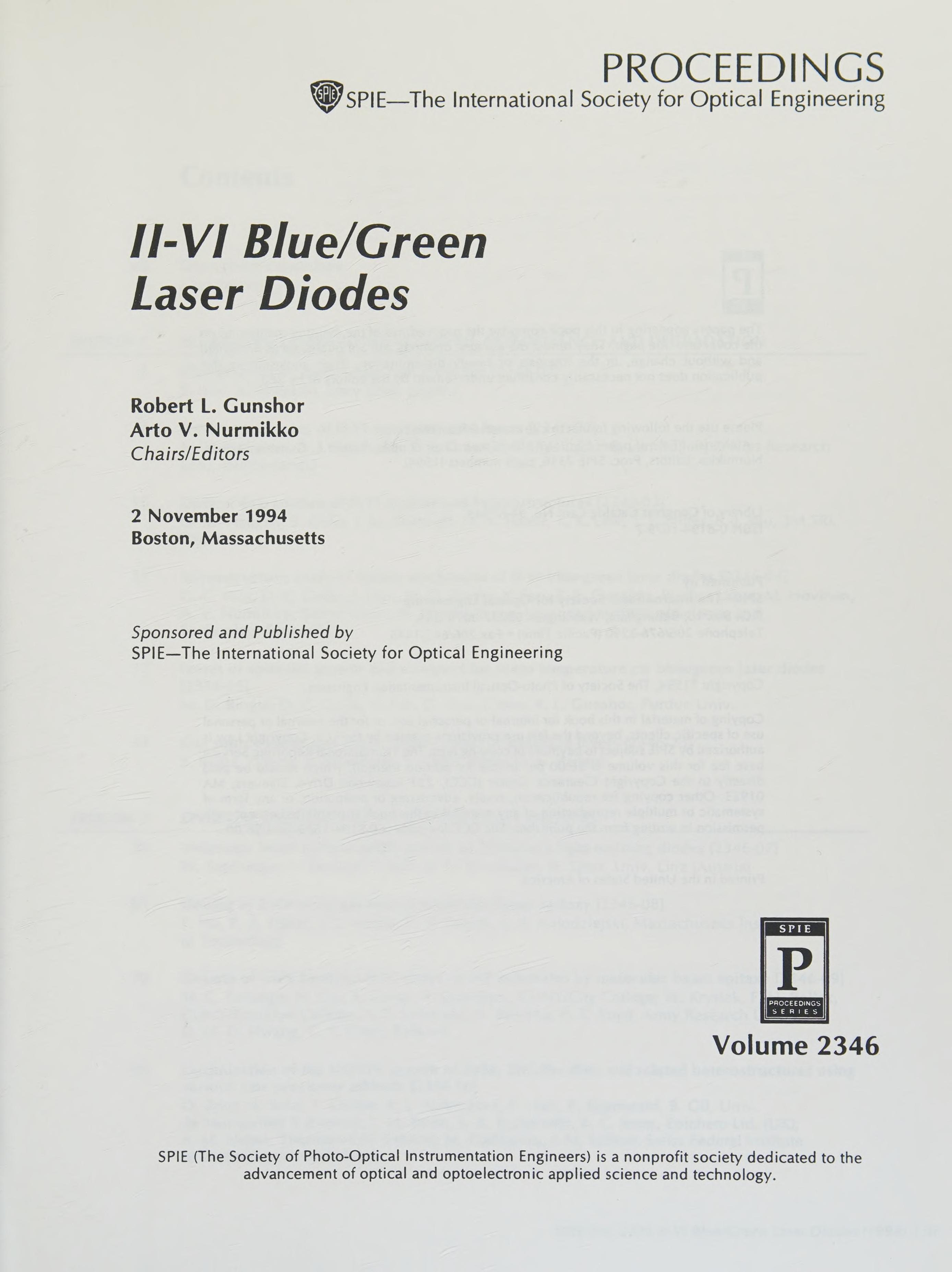 Two-Six Blue-Green Laser Diodes/Vol. 2346 (Proceedings