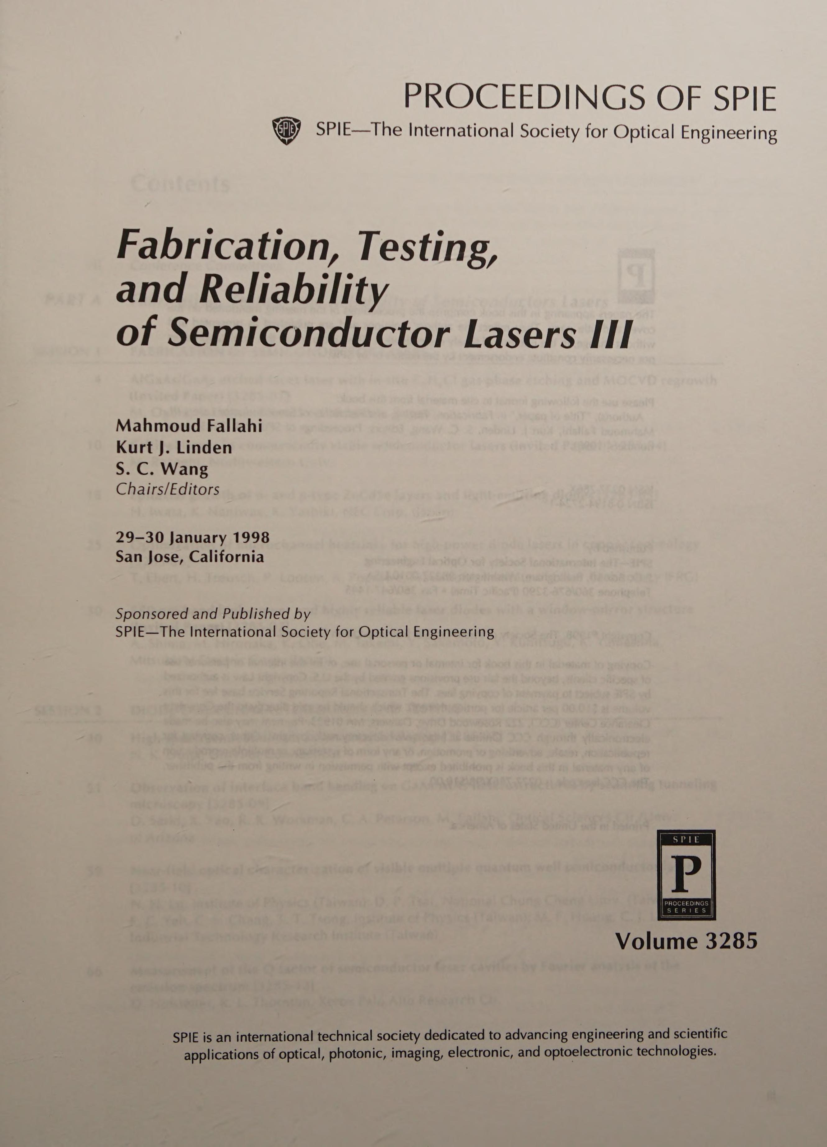 Fabrication, Testing, And Reliability Of Semiconductor Lasers Iii