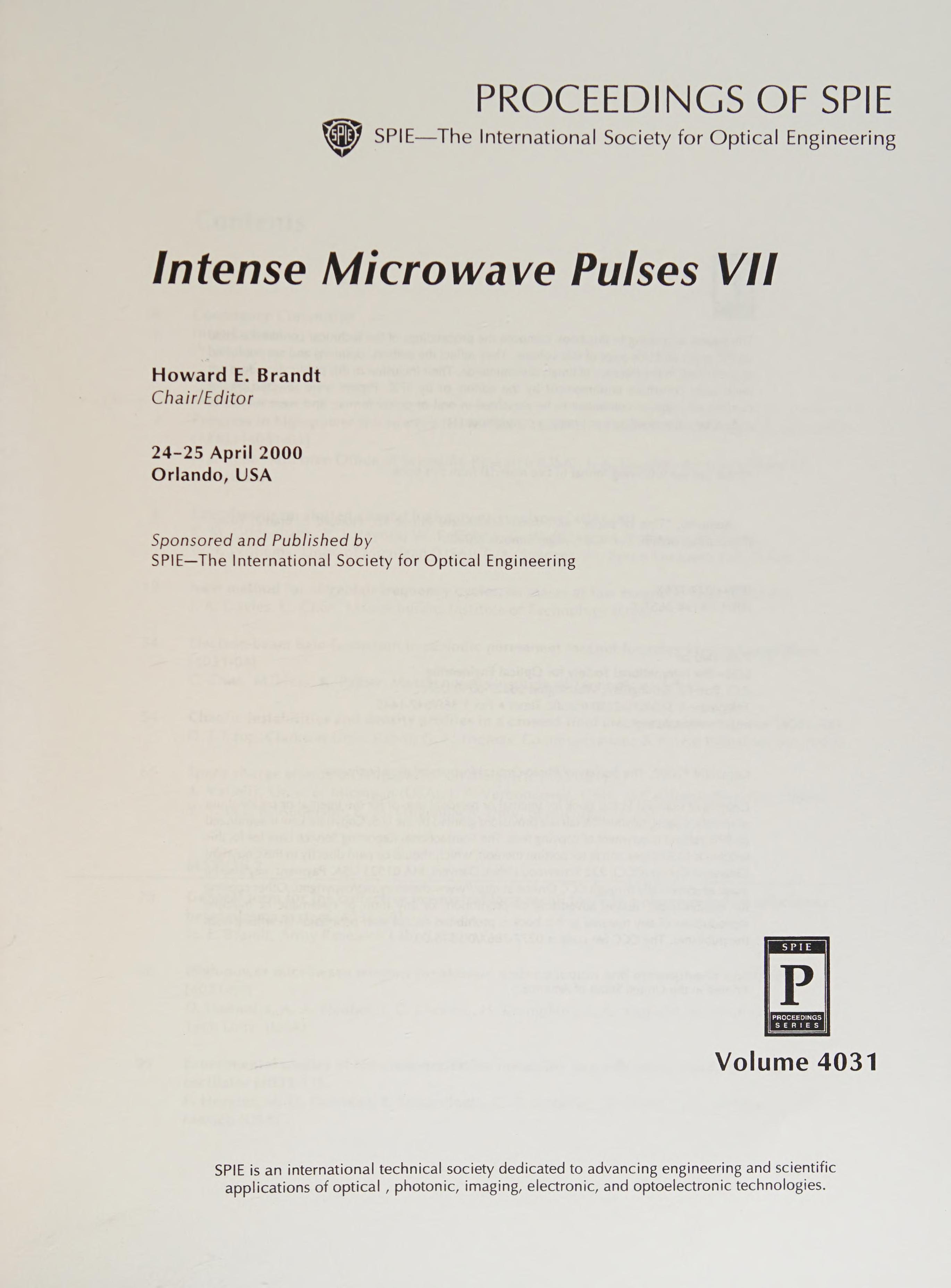 Intense Microwave Pulses Vii (Proceedings Of Spie) (Vol 4031)