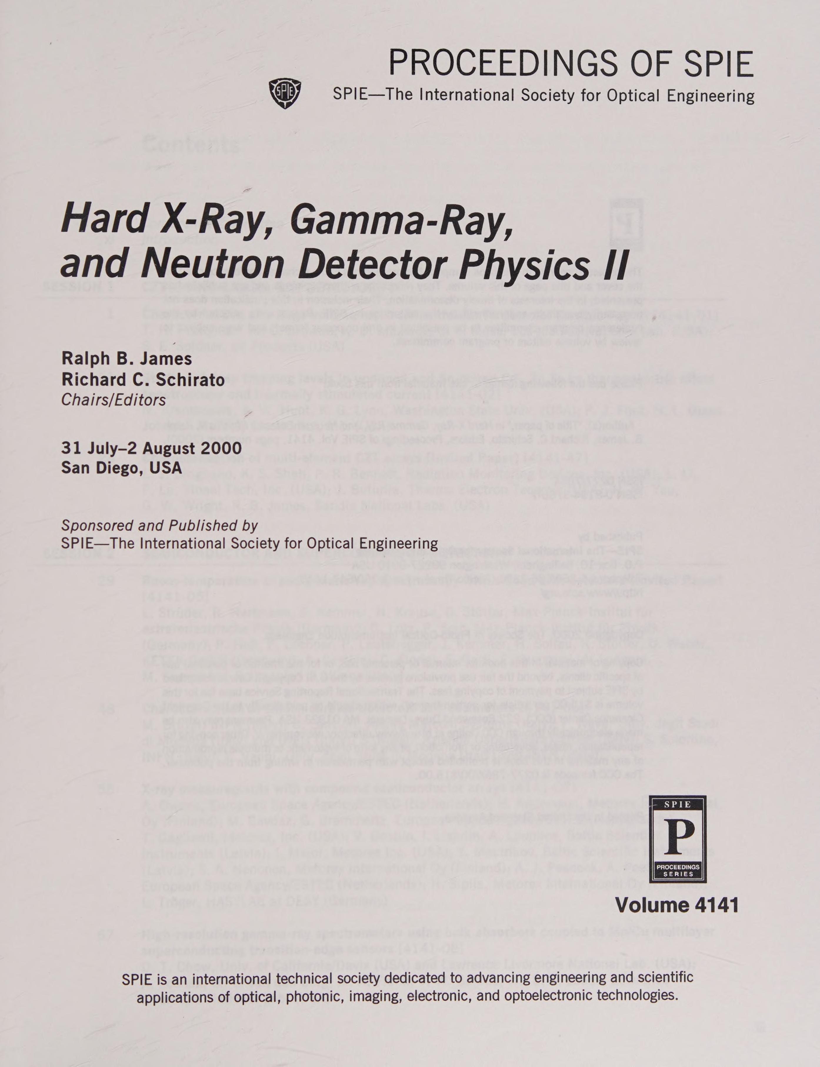 Hard X-Ray Gamma Ray & Neturon Detectors Physics Ii Spie Proceedings