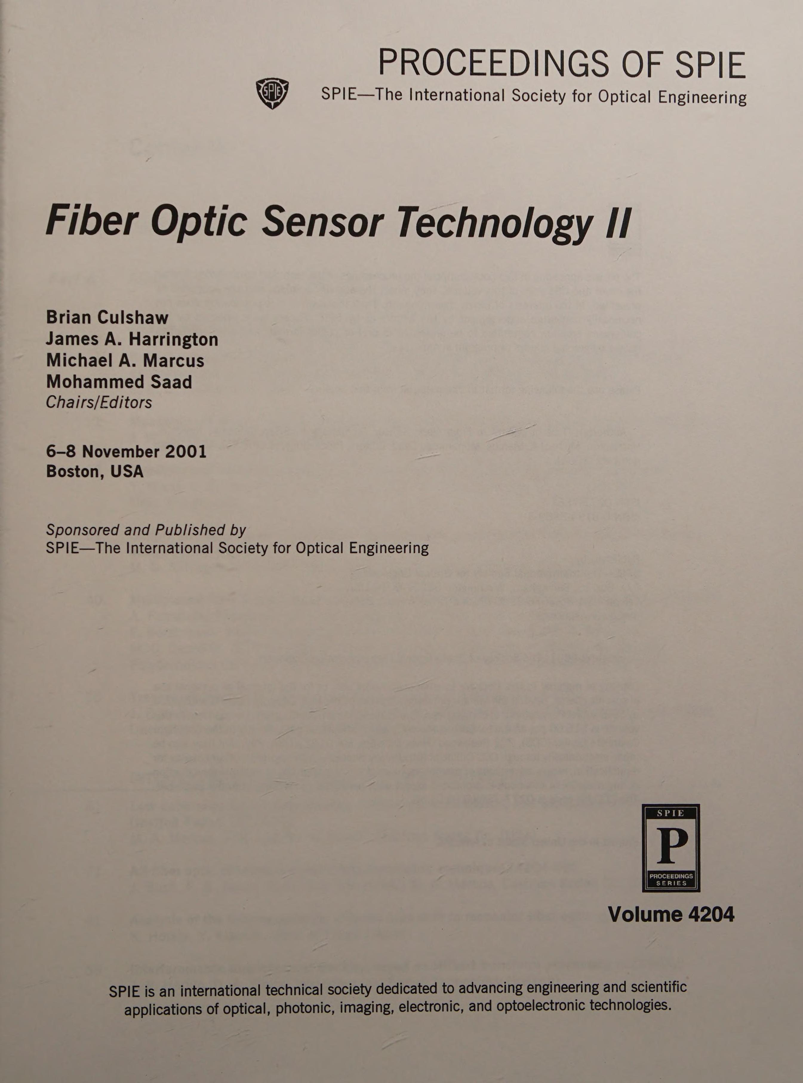 Fiber Optic Sensor Technology Ii: 6-8 November 2000 Boston, Usa