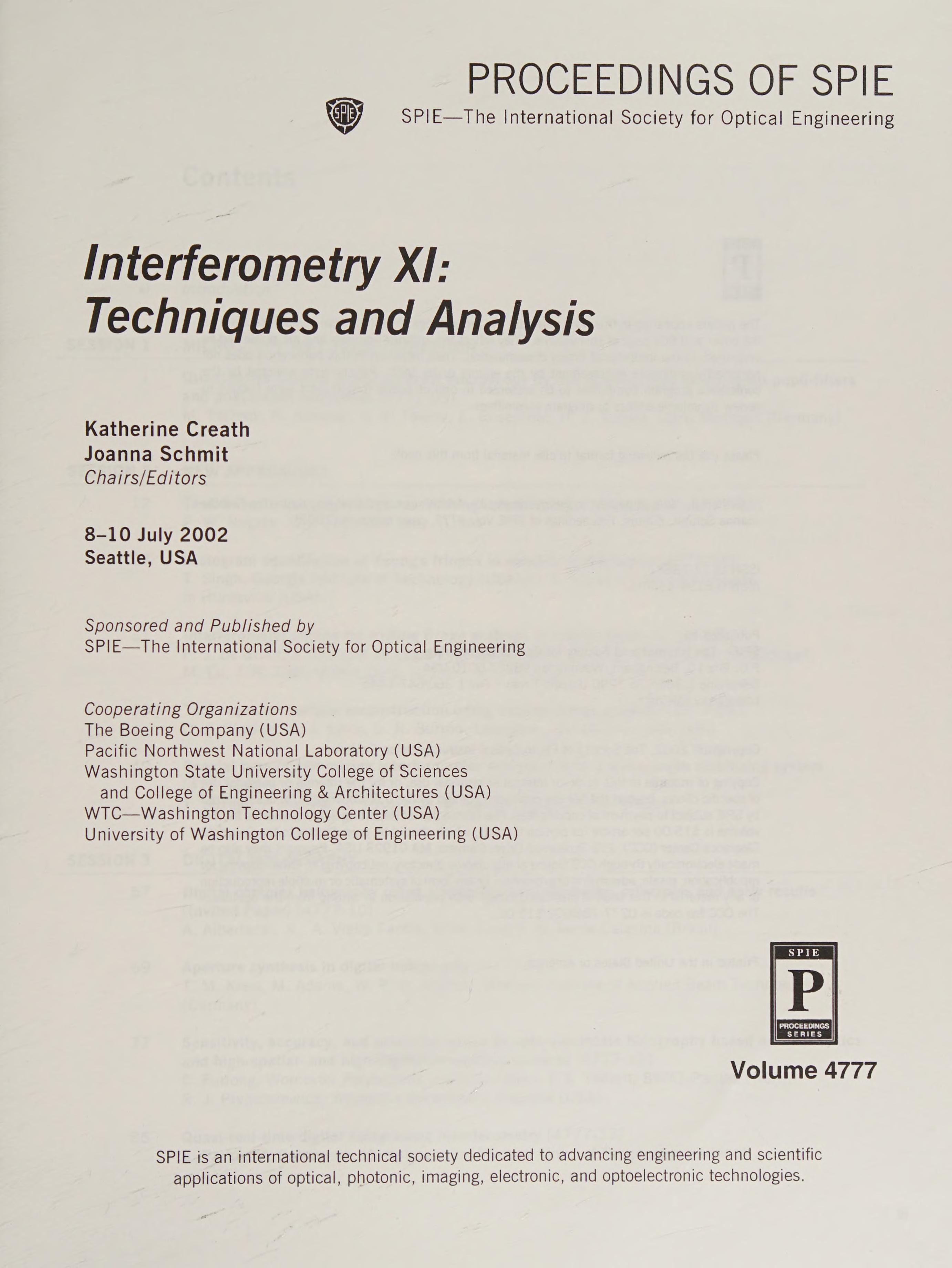 Interferometry Xi: Techniques And Analysis (Proceedings Of Spie) (Vol 4777)