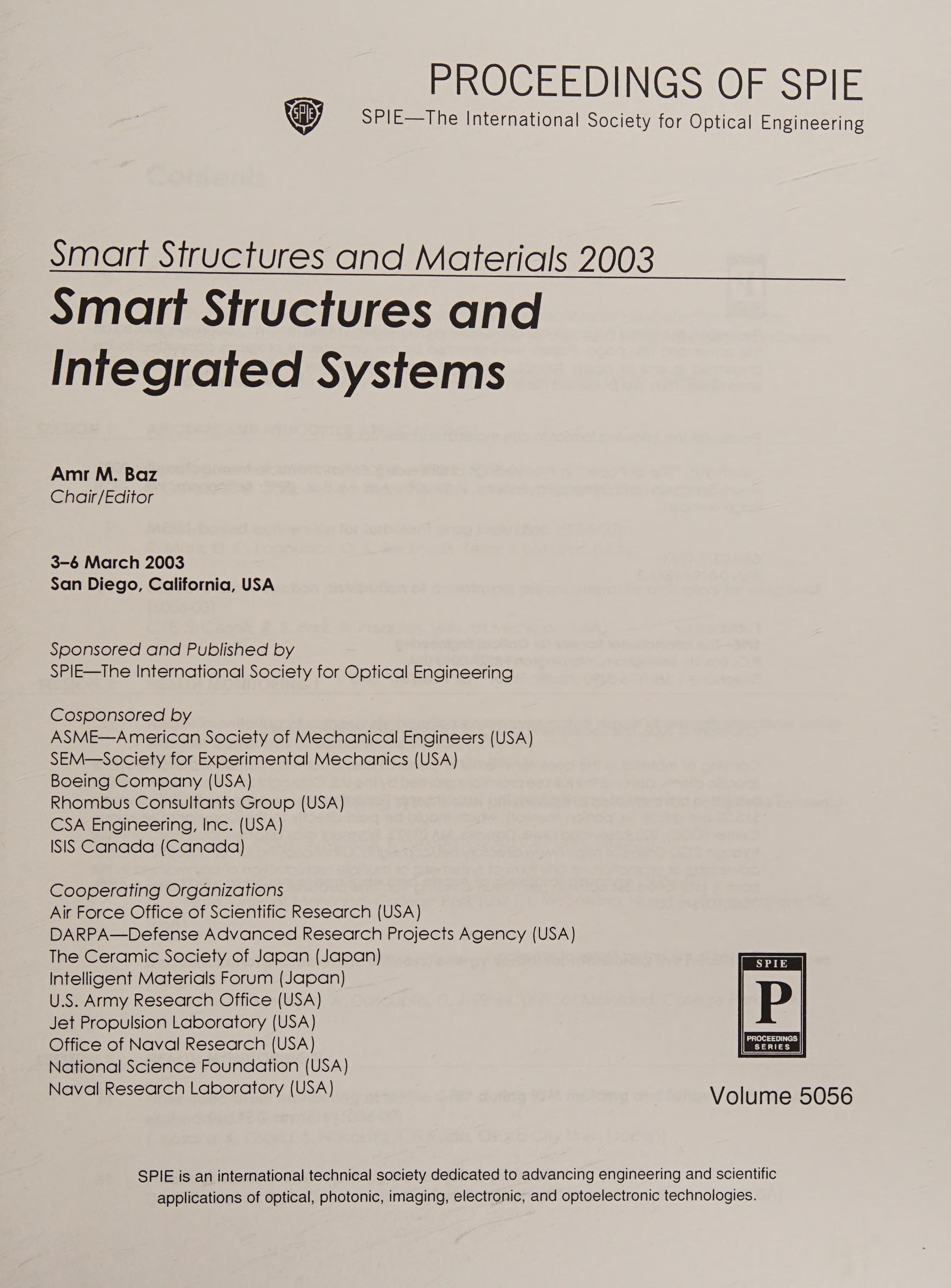 Smart Structures And Materials 2003: 3-6 March, 2003, San Diego, California, USA. Smart Structures And Integrated Systems