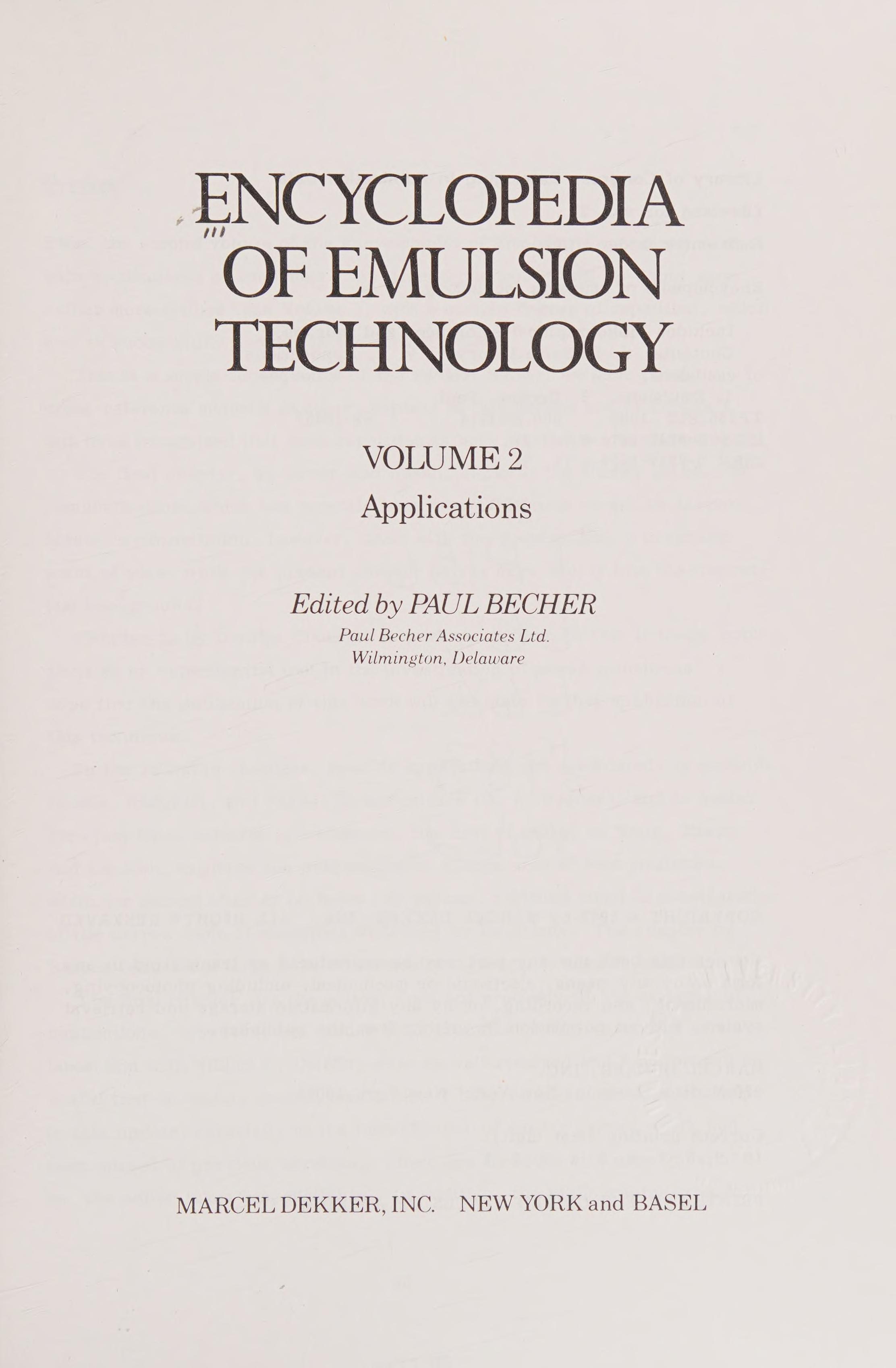 Encyclopedia Of Emulsion Technology, Vol. 2: Applications