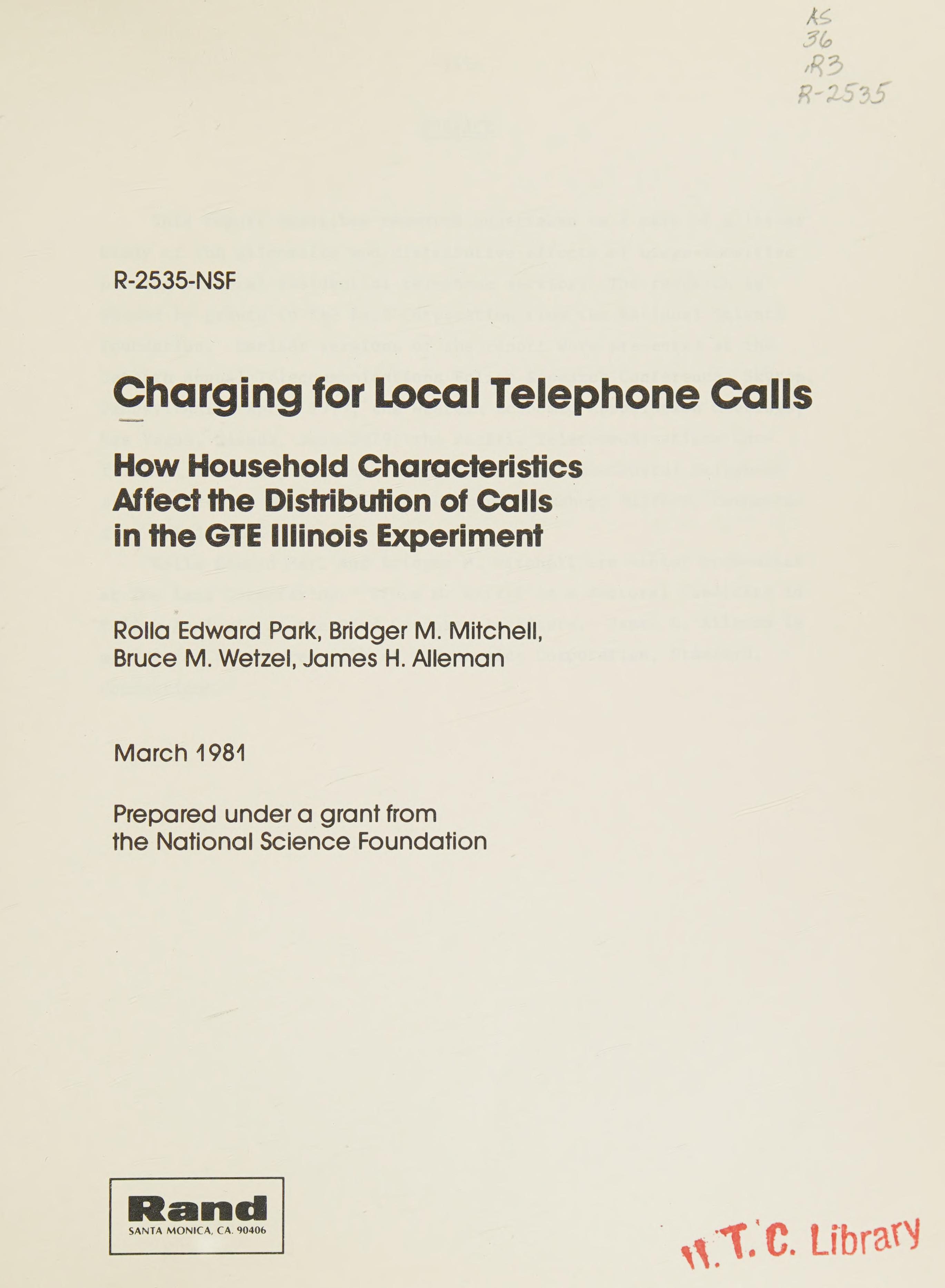 Charging For Local Telephone Calls: How Household Characteristics Affect The Distribution Of Calls In The Gte Illinois Experiment