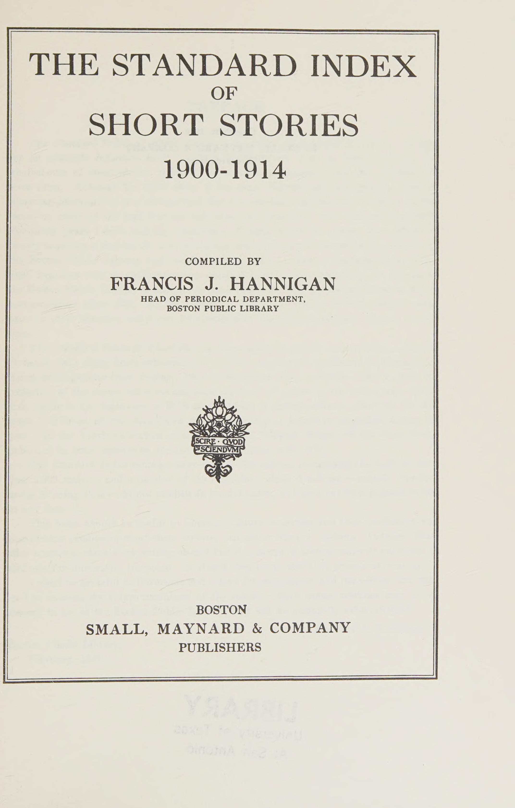 The Standard Index of Short Stories, 1900-1914