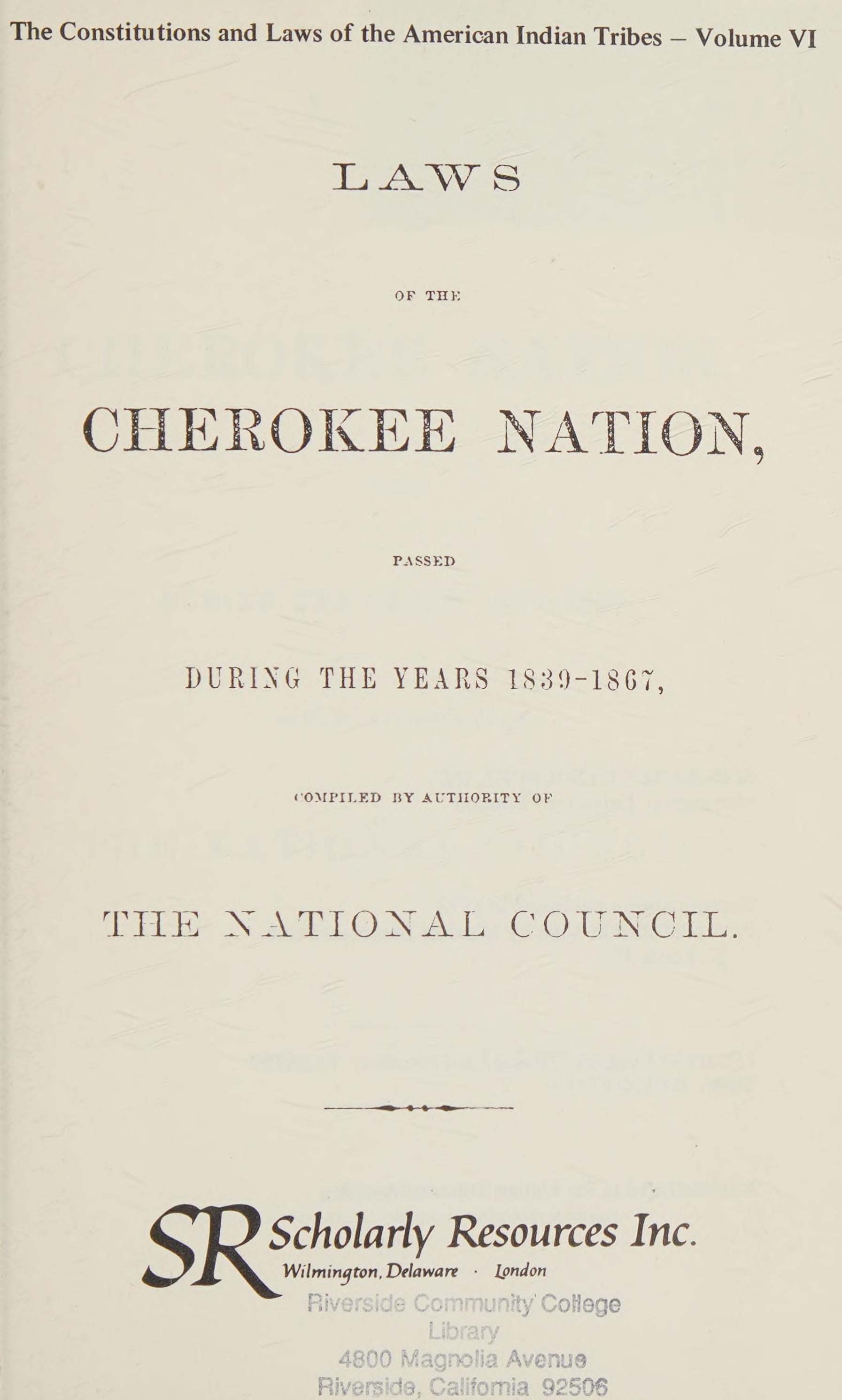Laws of the Cherokee Nation, Passed During the Years 1839-1867