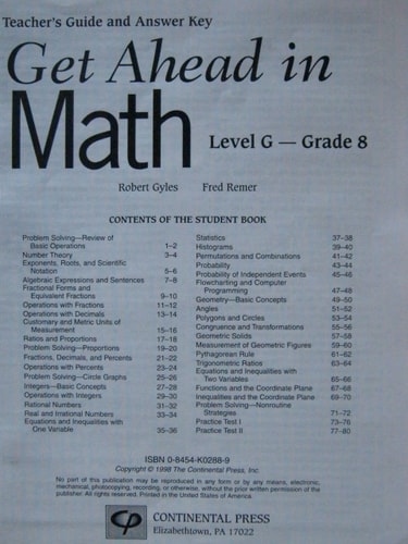 Teacher's Guide and Answer Key for Get Ahead in Math Level G Grade 8