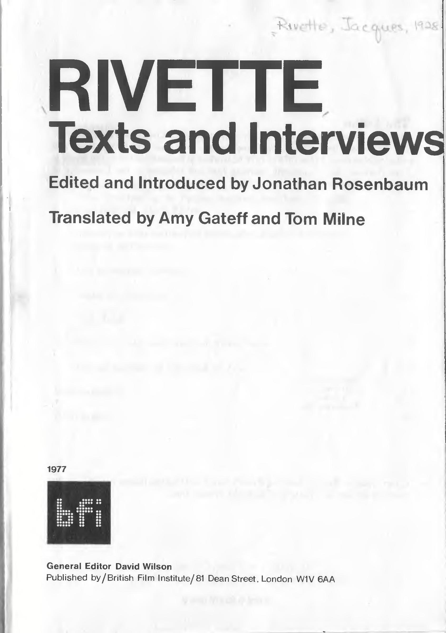 Rivette: Texts And Interviews