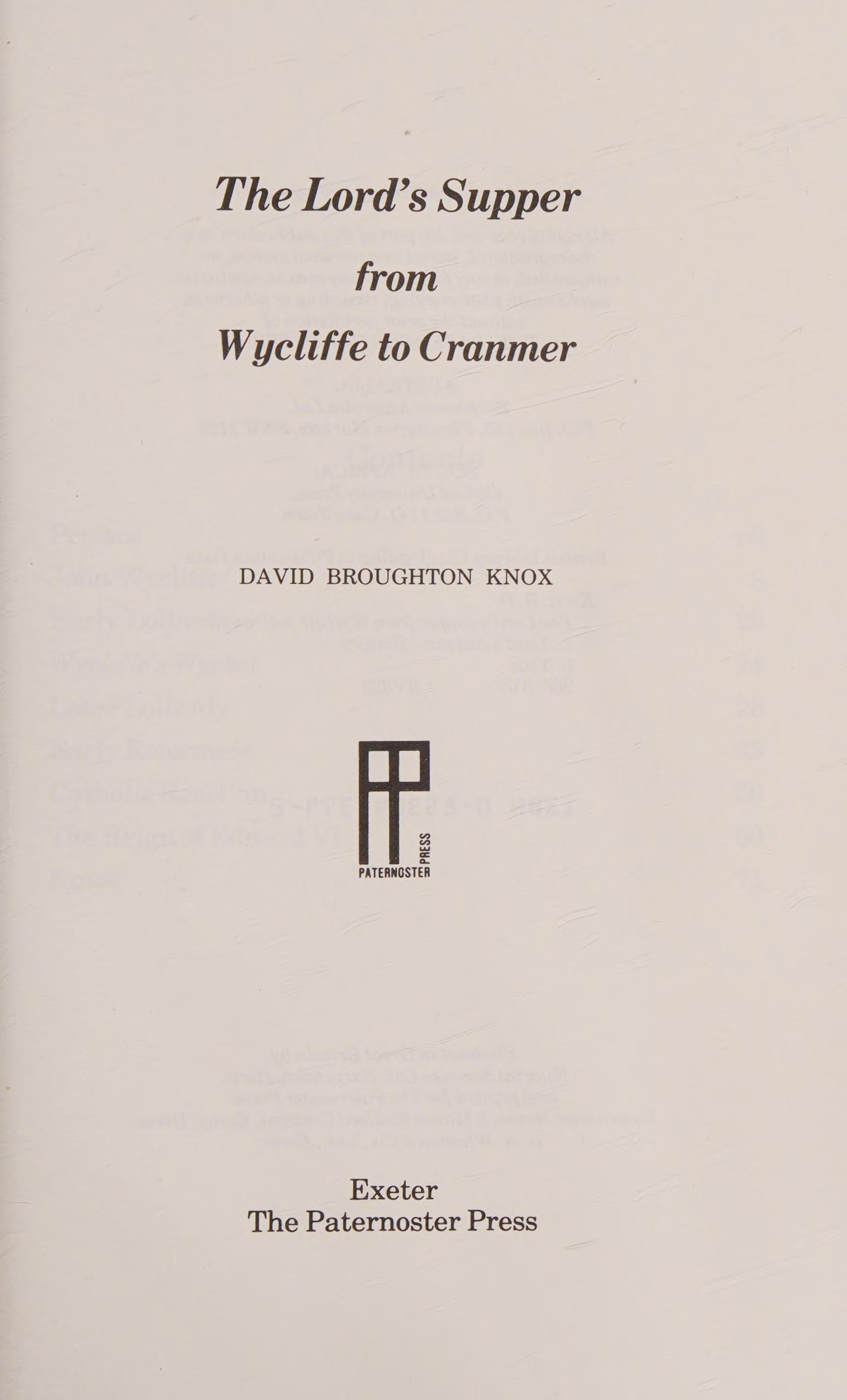 Lords Supper from Wycliffe to Crammer