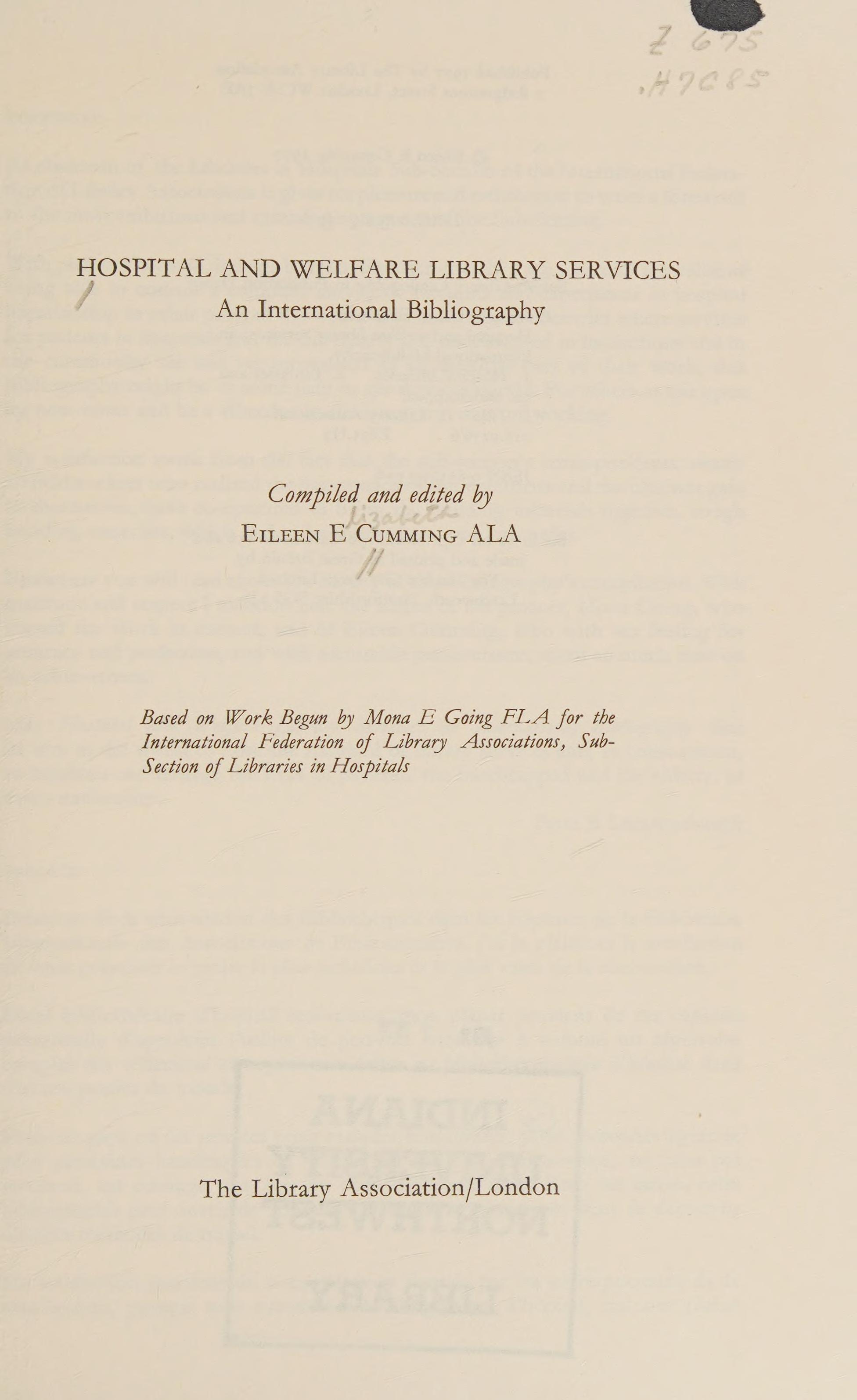 Hospital And Welfare Library Services: An International Bibliography