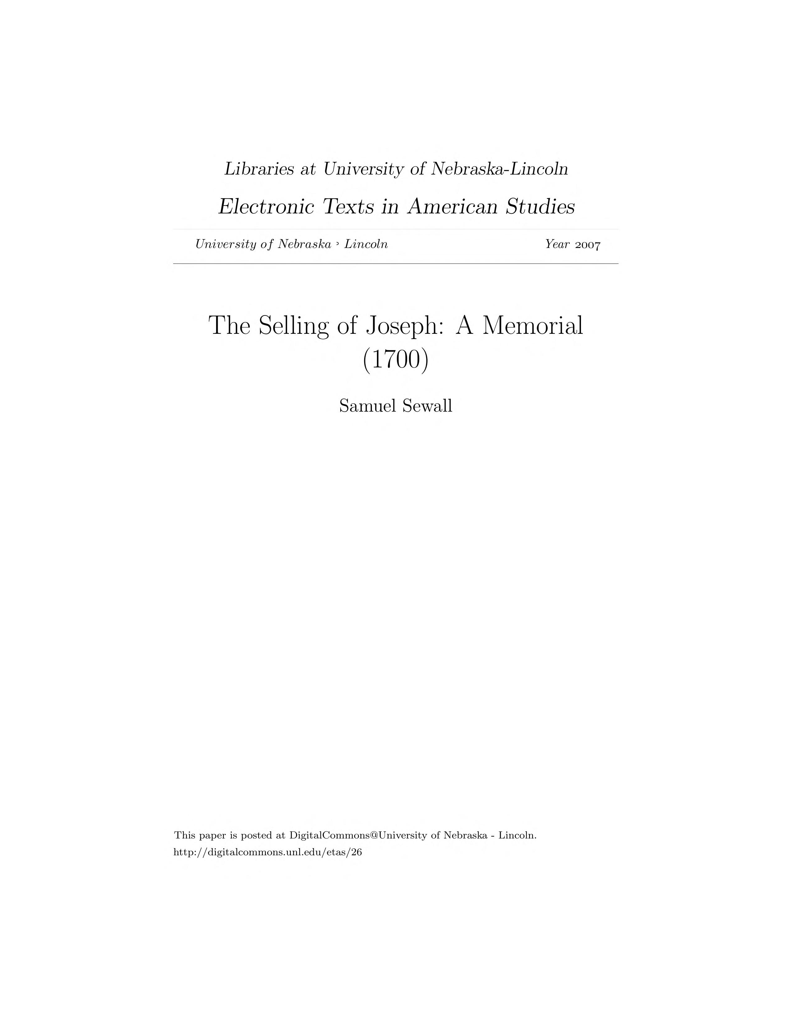 The Selling Of Joseph; A Memorial