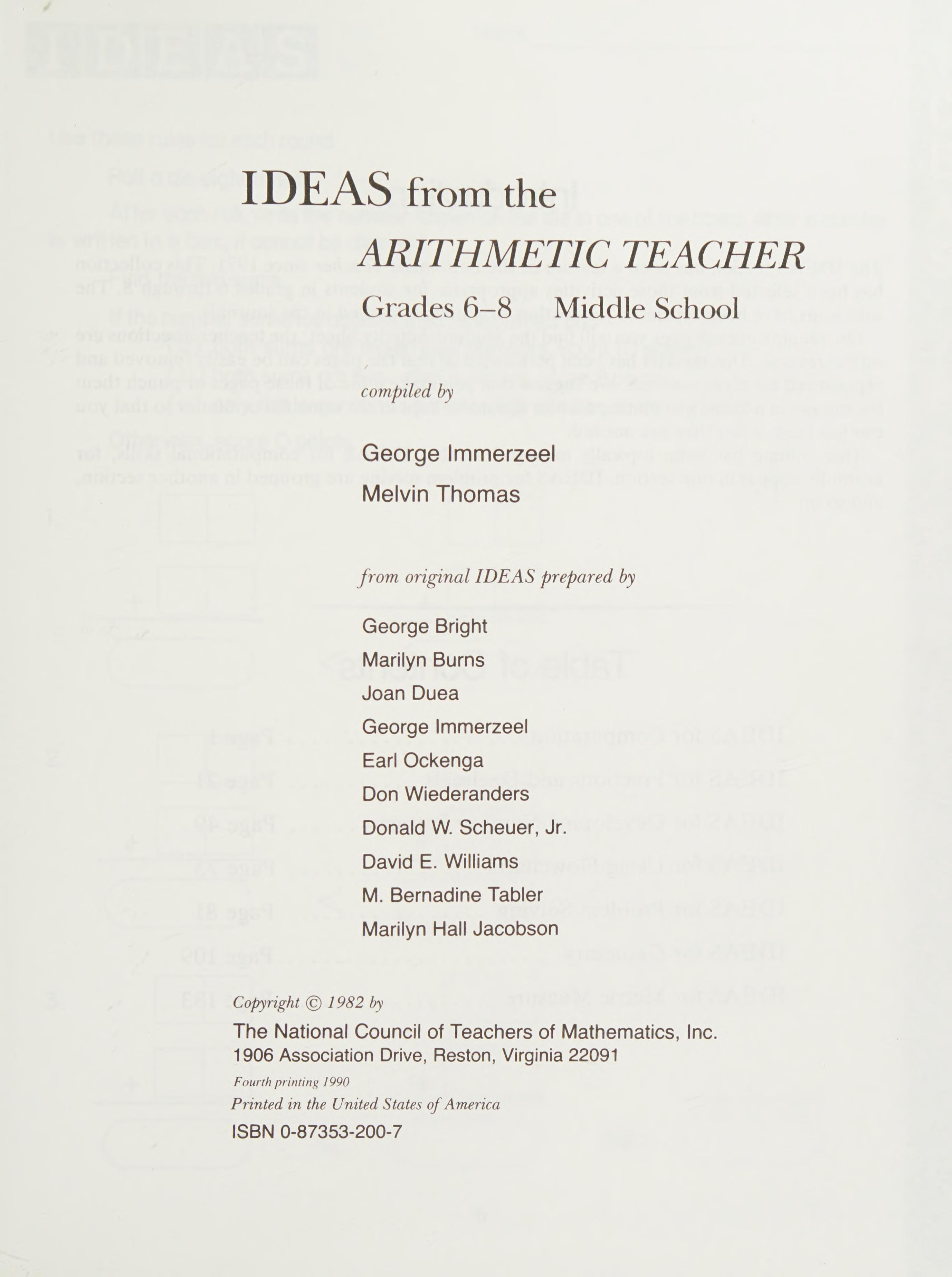Ideas From The Arithmetic Teacher: Grades 6-8 : Middle School
