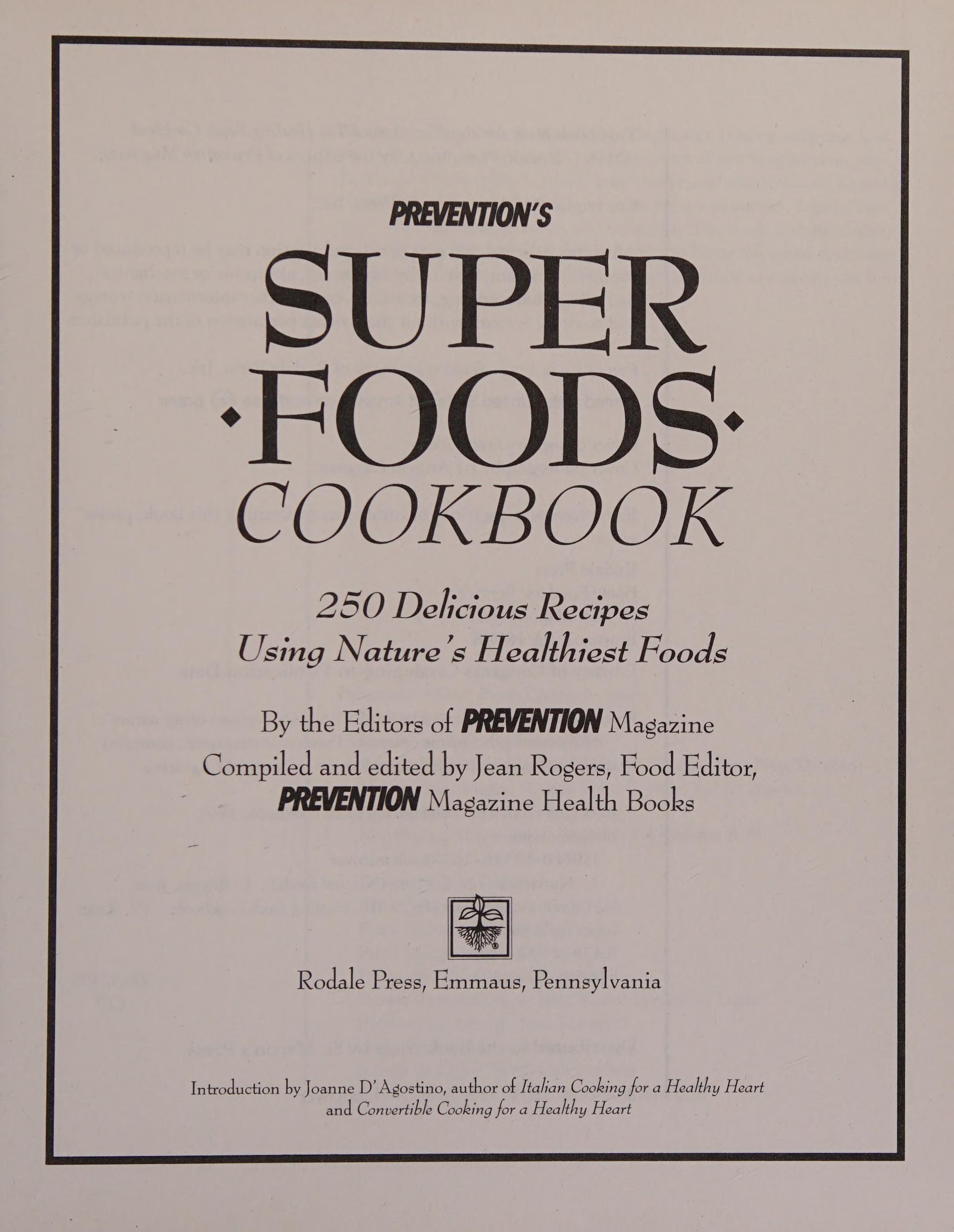 Prevention'S Super Foods Cookbook: 250 Delicious Recipes Using Nature'S Healthiest Foods